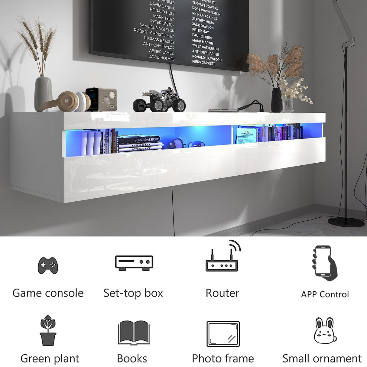 Floating TV Stand Wall Mounted with Power Outlet, Modern Floating Entertainment Center for 80 Inch TV, High Gloss Floating TV Shelf with LED Lights for Living Room, Bedroom, White Doredo