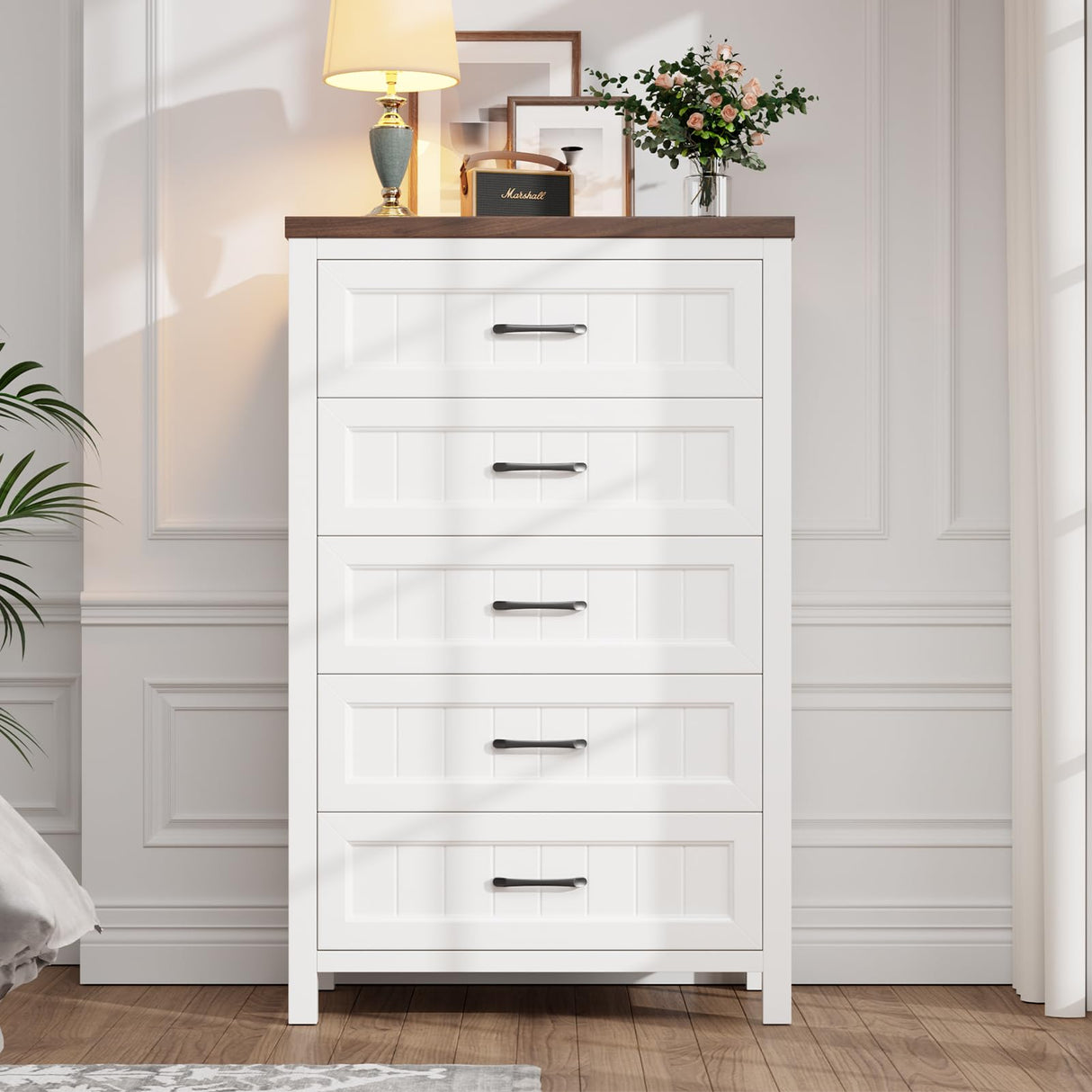 Jocoevol Elegant Farmhouse 5 Drawer Dresser for Bedroom - Tall Chest of Dresser with Spacious Storage, Solid Wood Construction for Living Room, Hallway & Entryway - White & Brown Jocoevol