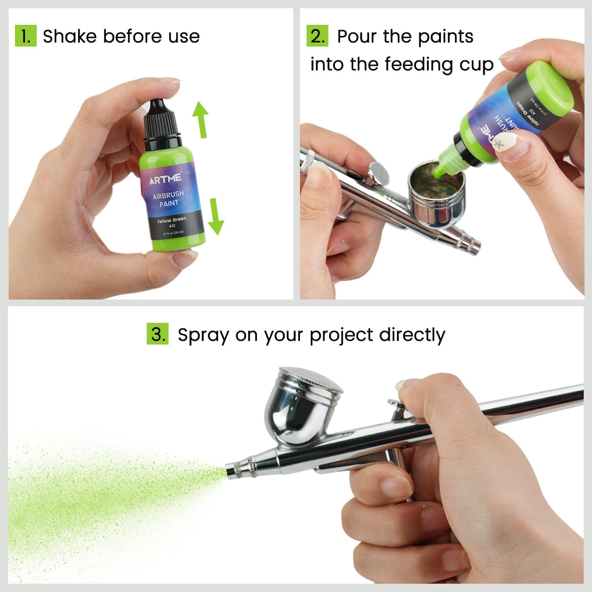 Airbrush Paint, ARTME 42 Colors with 3 Thinner, Ready to Spray, Opaque & Water Based Acrylic Airbrush Paint Set Including Metallic & Neon Colors, Premium Air brush Paints for Metal, Models, Plastic, Canvas, and Wood ARTME