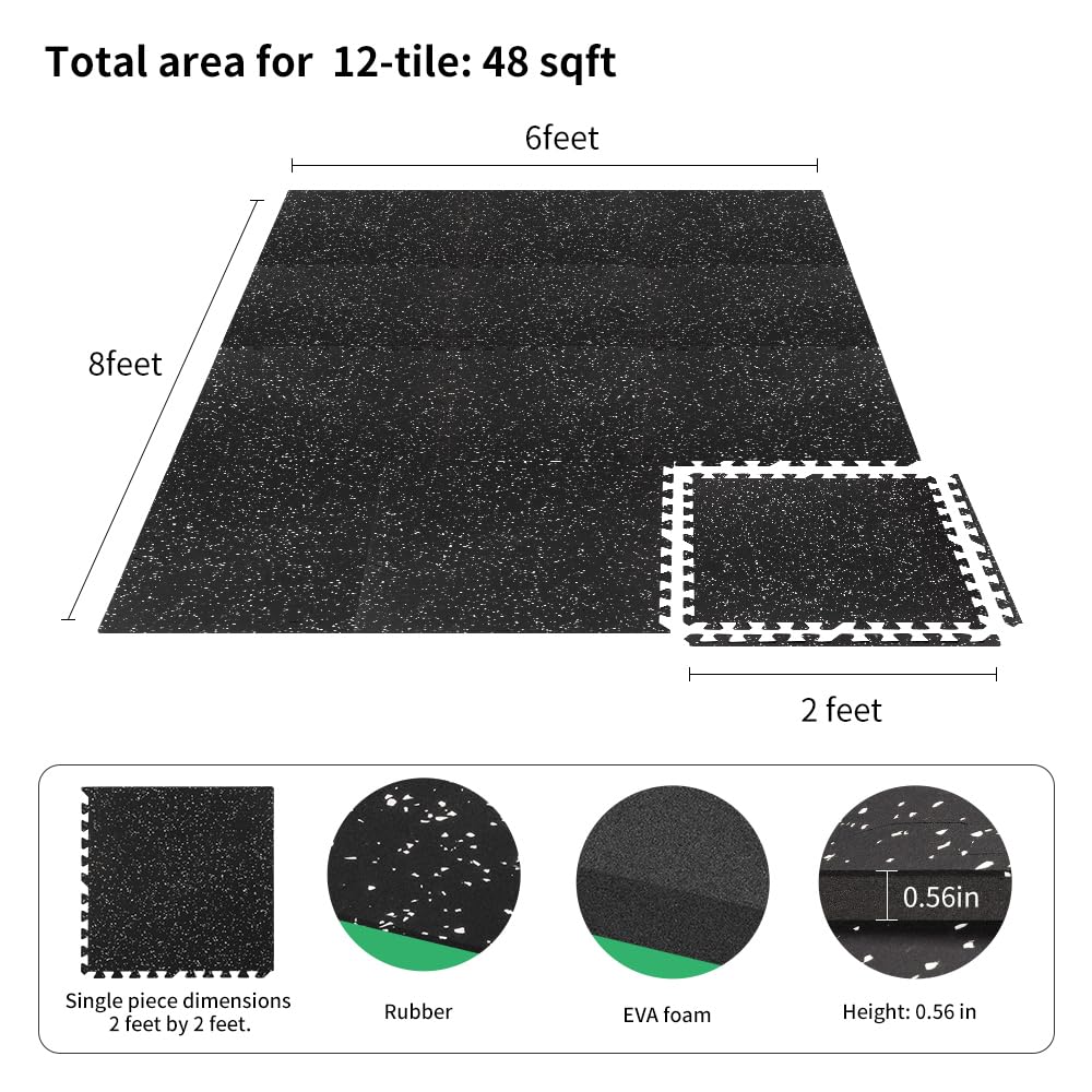 0.56in Thick 48 Sq Ft Gym Flooring for Home Gym, 12 Tiles Workout Exercise Equipment Mats, Rubber Top with EVA Foam, Interlocking Puzzle Floor Tiles for Fitness Room, Protective Flooring Mat LIUKANGZE