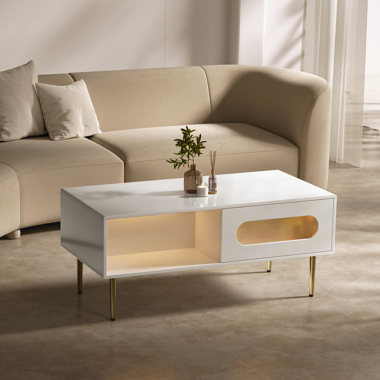 VEELOK Modern Coffee Table for Living Room - LED Living Room Table with 4 Storage Compartments, Semi See-Through Sliding Doors - Glossy Finish, Metal Legs, Rounded Edges - Contemporary Home Furniture VEELOK