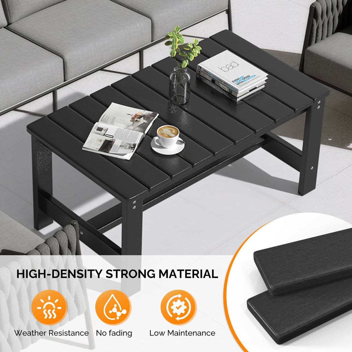 VINGLI Outdoor Coffee Table, HDPE Patio Coffee Table for Outside, All-Weather Rectangle Coffee Table for Deck, Garden, Balcony, Porch, Indoor & Outdoor Use, Black VINGLI