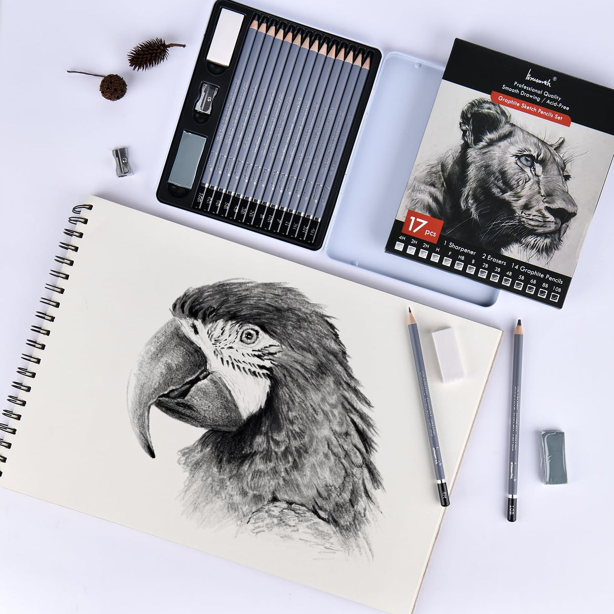 Brusarth Professional Sketch Pencils for Drawing Set - Graphite Pencils (4H-10B), Graphite Sticks, Erasers and Sharpener, Art Pencils for Sketching- Ideal for Artists and Beginners,17Pcs Brusarth