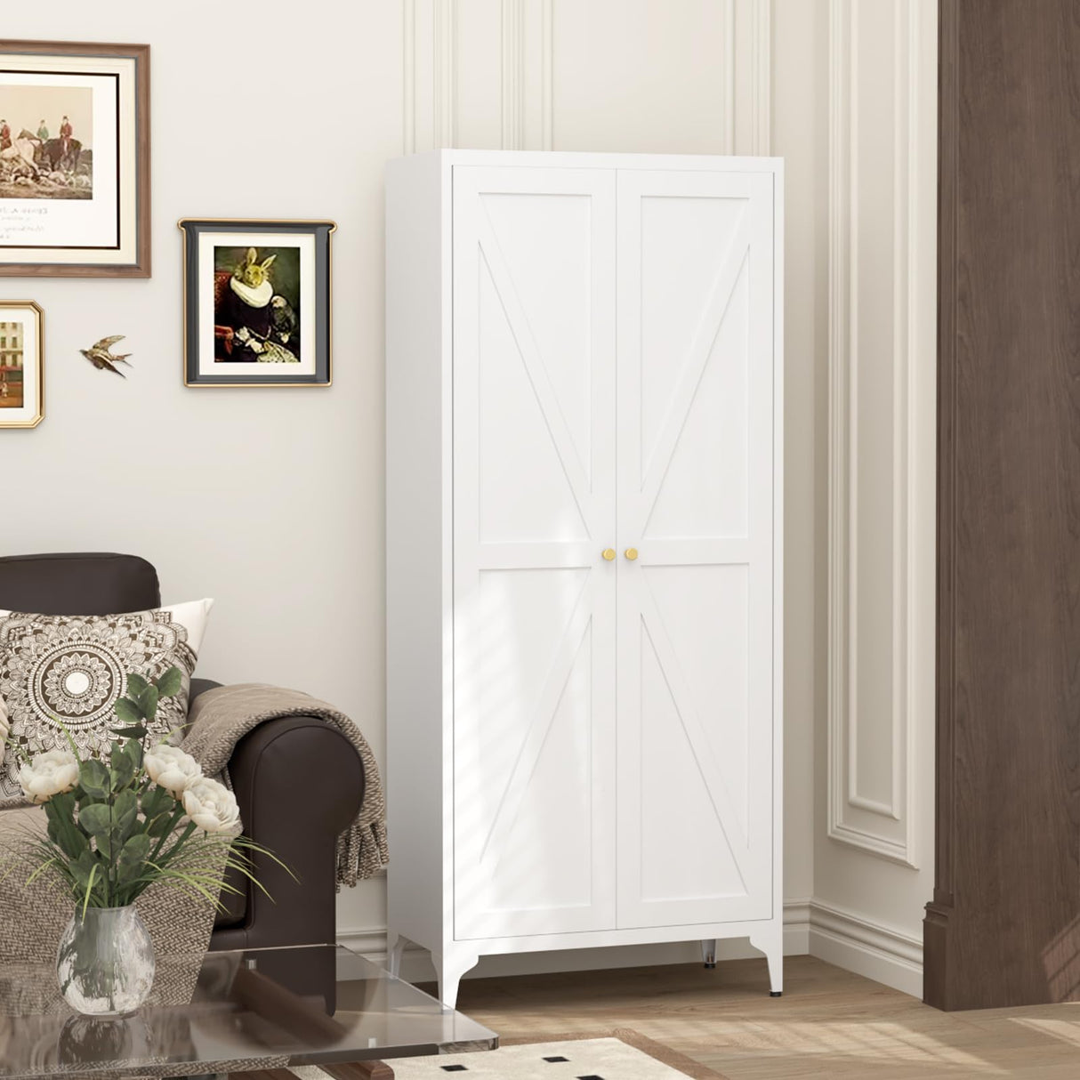 GREATMEET 65" Tall Kitchen Pantry Storage Cabinet, White Pantry Storage Cabinet, Farmhouse Metal Kitchen Cupboard with Doors for Garage, Dining Room, Living Room and Laundry GREATMEET