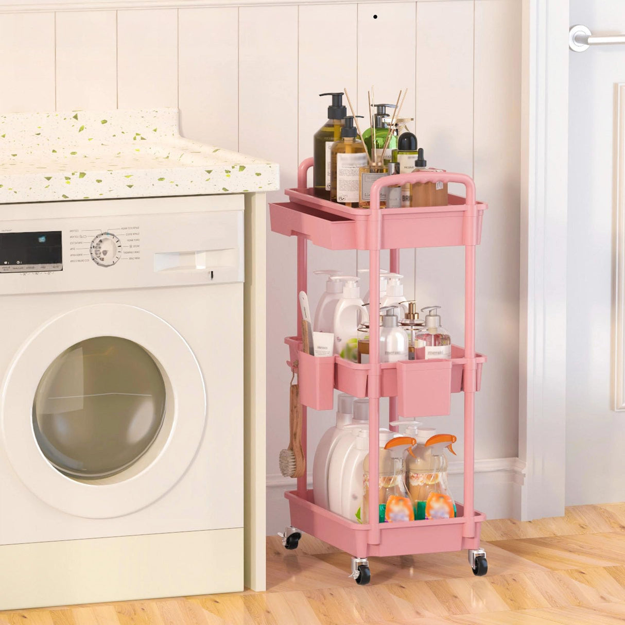 LLMRR 3 Tier Rolling Utility Cart with Drawer, Plastic Storage Organizer Rolling Carts with Wheels Handles Hanging Cups Hooks for Office, Bathroom, Kitchen,Craft Art Room (Pink) LLMRR