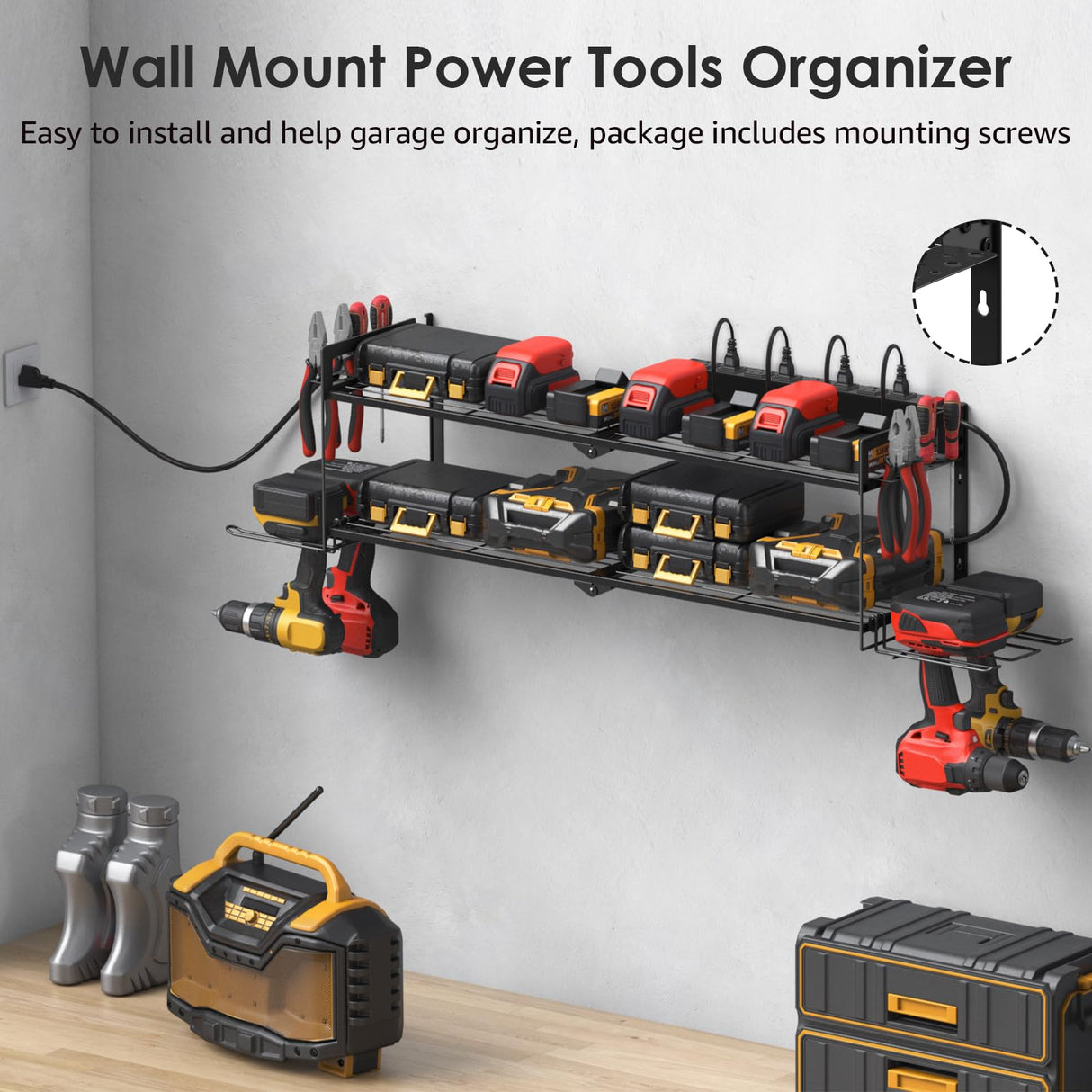 CCCEI Large Garage Tools Storage with Charging Station. Power Tool Battery Organizer Utility Shelf with Power Strip. 4 Drills Holder Wall Mount Rack. CCCEI