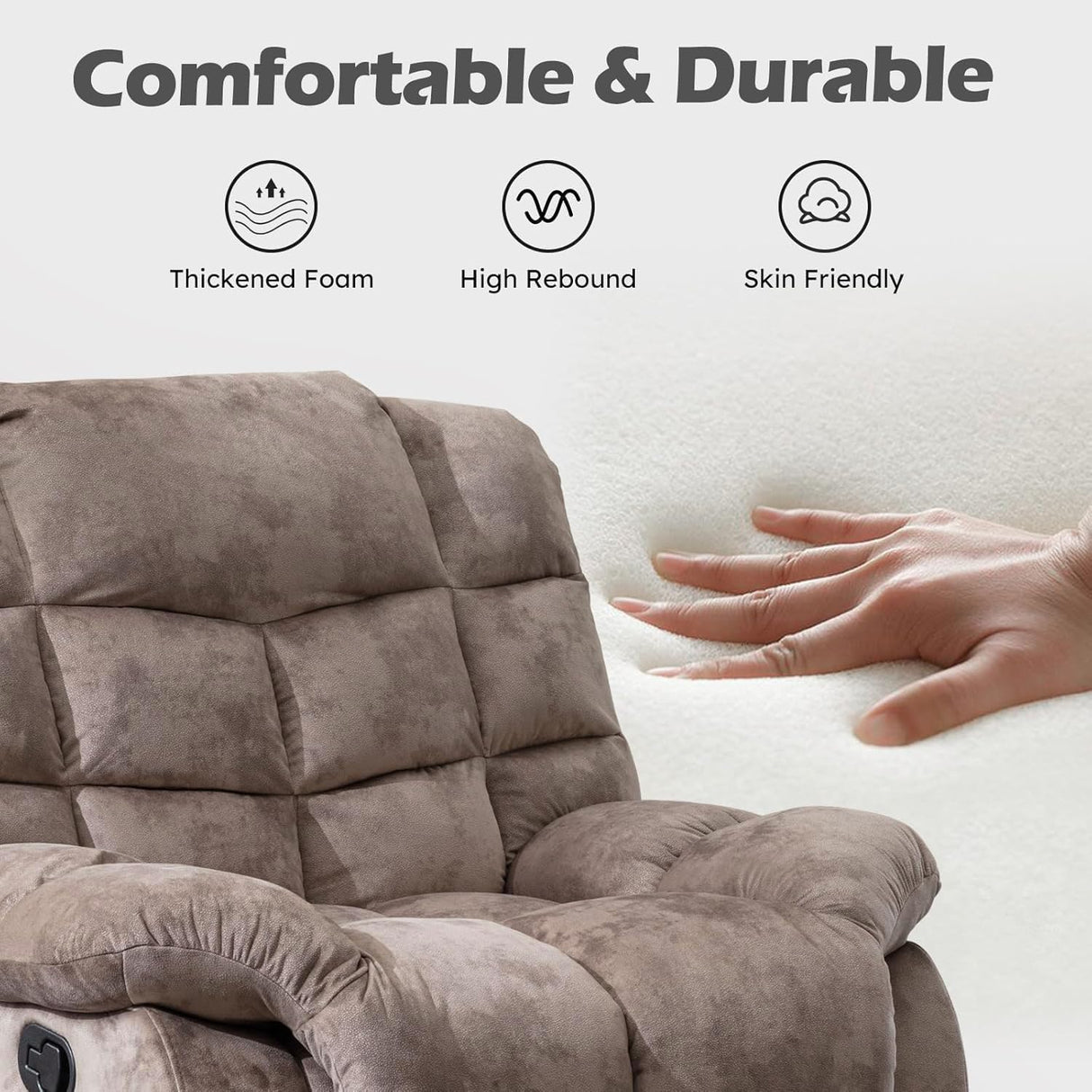 EBELLO Manual Recliner Chair, Overstuffed Reclining Sofa with Soft Padded Headrest and Armrest, Soft Fabric Single Couch for Living Room, Light Brown EBELLO