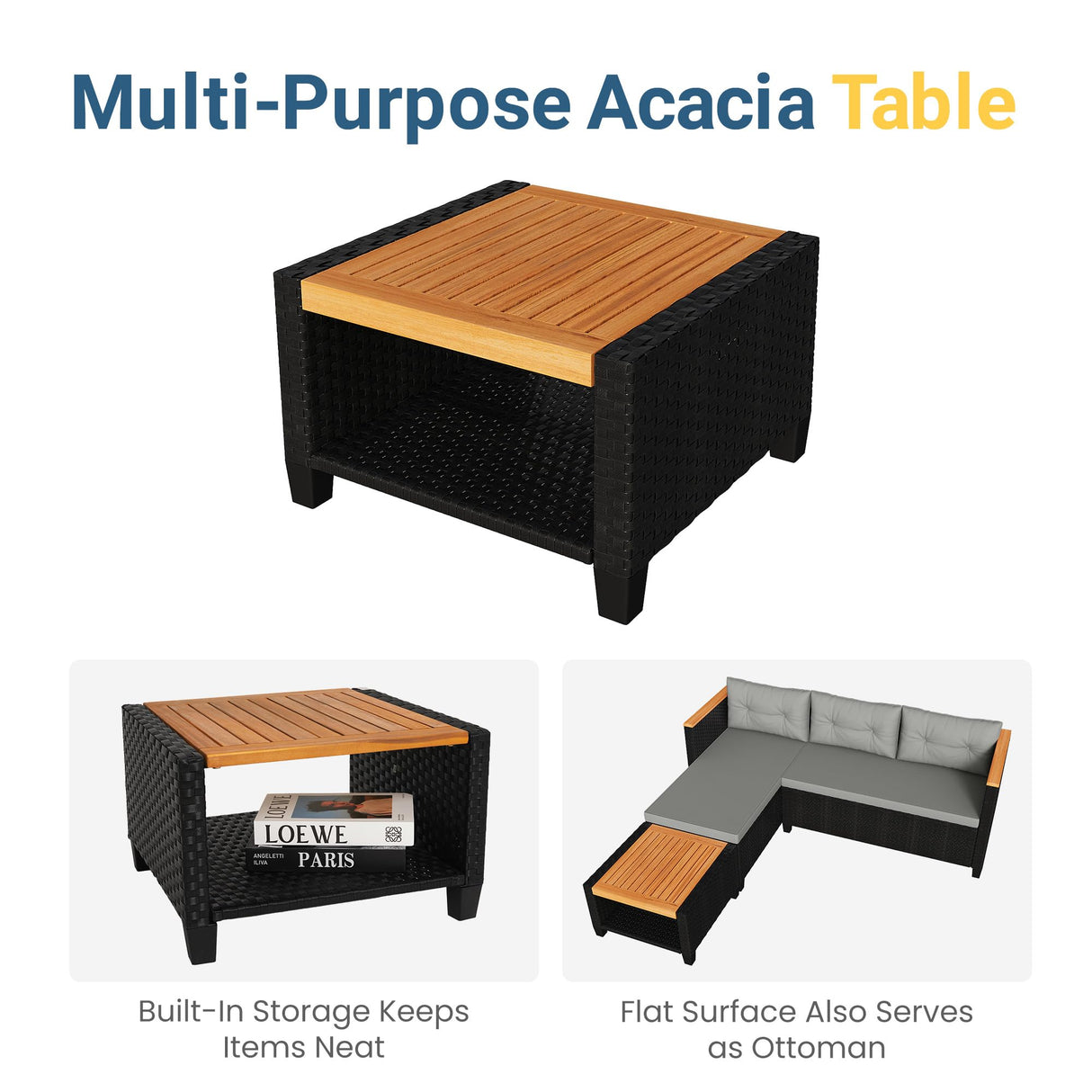 Green4ever 3-Piece Outdoor Patio Furniture Set, All-Weather PE Rattan Patio Sofa with Storage Table, L Shaped Outdoor Couch with Cushions, Small Patio Sectional for Balcony Garden, Grey Green4ever