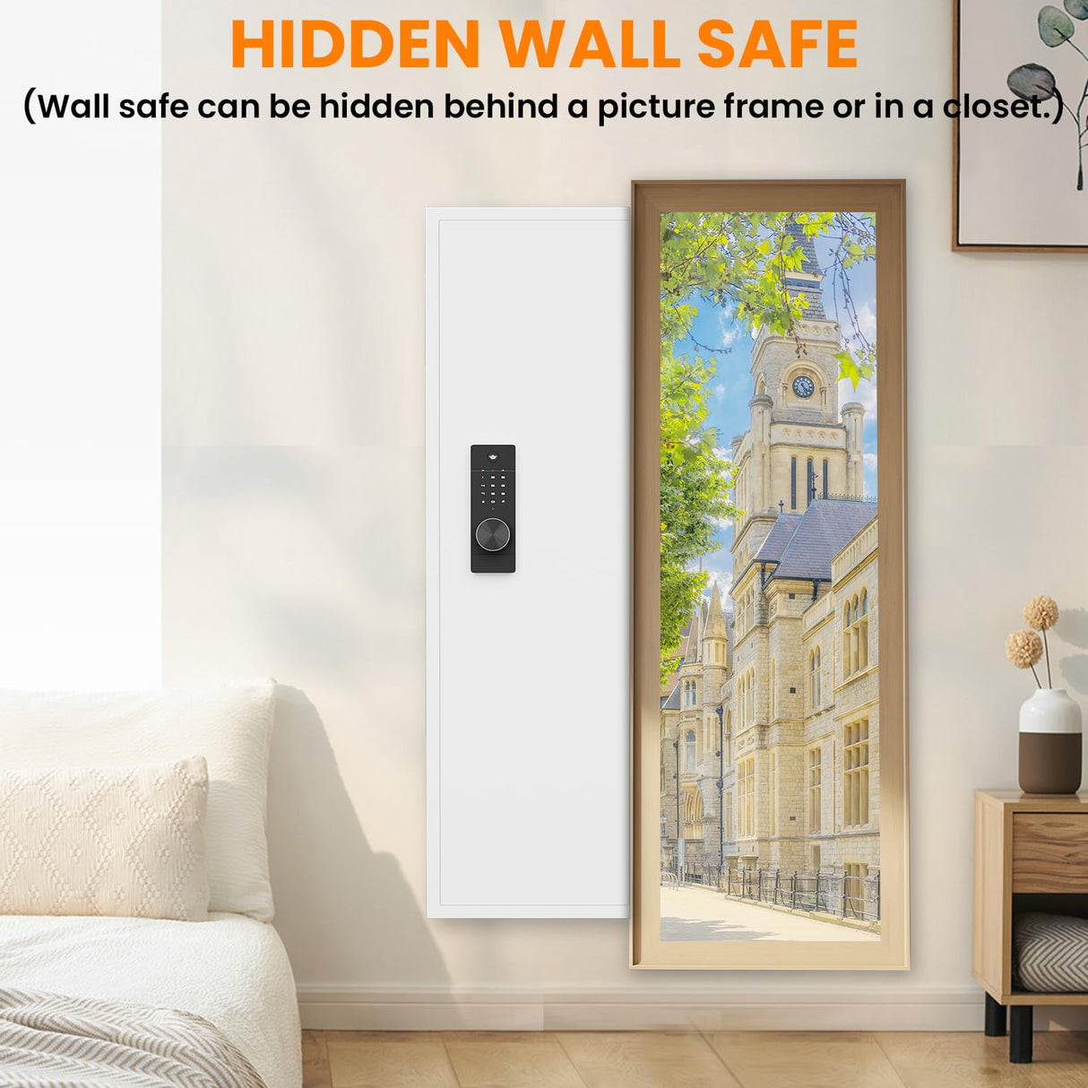 Omethey 53.15" Wall Safe Between the Studs, Hidden Safe with Dual Alarm System and Silent Mode, Wall Gun Safe with 3 Adjustable Shelves and Magnetic Slot (White-Digital) Omethey