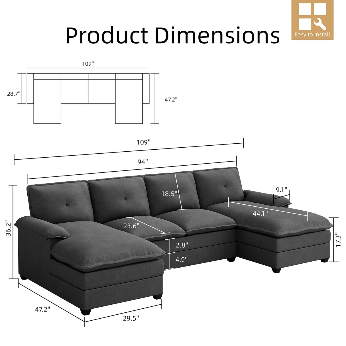 JAMFLY Sectional Couches for Living Room, U-Shaped Couch 4 Seat Sofas with Double Chaises, Modern Modular Sectional Sofa Set for Apartment Furniture for Apartment, Black JAMFLY