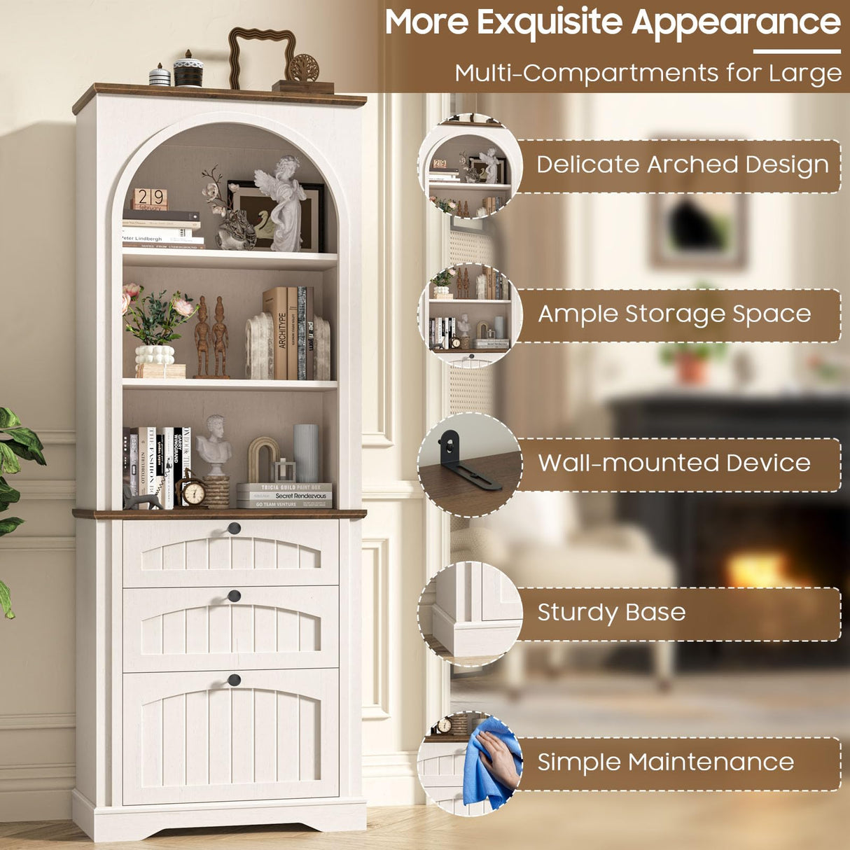 Bookshelf with File Drawers for Letter/A4/Legal Size Hanging Files, 68" Tall Farmhouse Bookcase with 3-Tier Open Shelves, Wood Floor Display Storage Cabinet for Home Office, Living Room, Rustic White Vabches