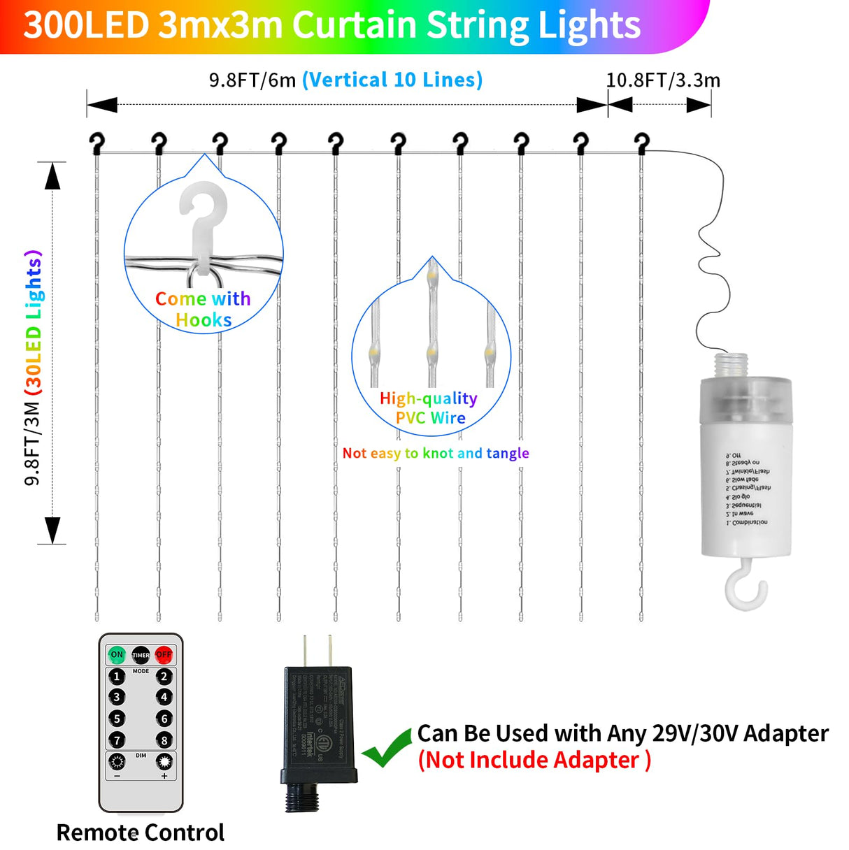 Curtain Lights Battery Operated 10x10Ft 300LED Waterproof Waterfall Light with 8 Modes Remote Dimmable Timer Memory Twinkle Fairy String Lights for Outdoor Indoor Gazebo Wedding Pergola Patio Bedroom QLIRJAD