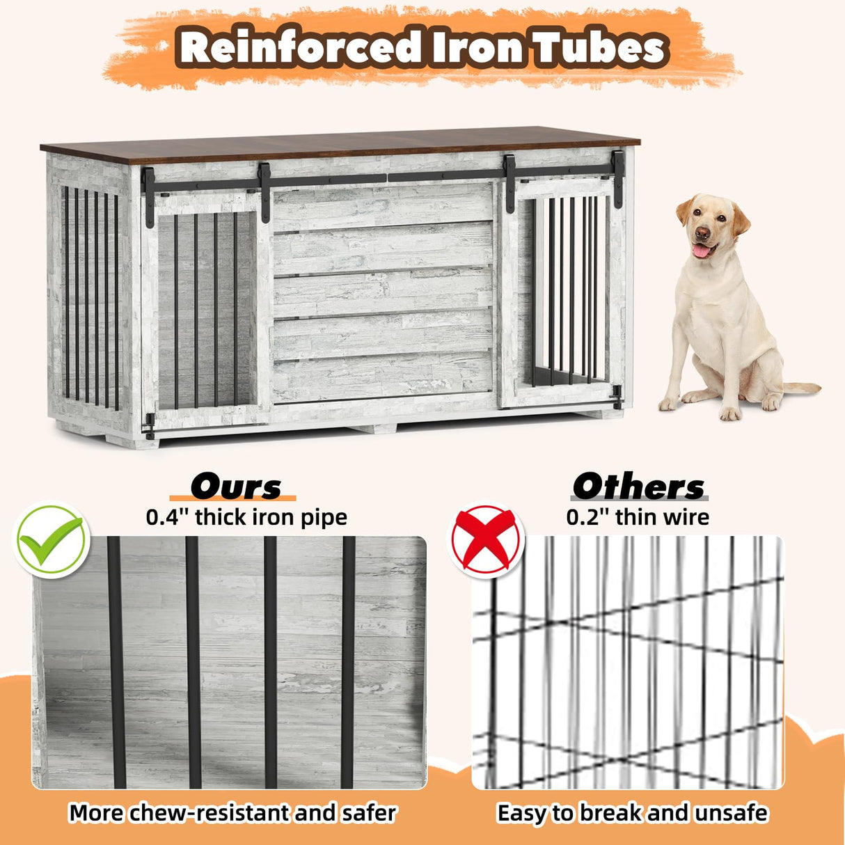 EBE Dog Crate Furniture, 63''Wooden Dog Kennel with Removable Divider and Sliding Door, Dog Crate with Double Rooms, Heavy Duty Dog Crate Table Indoor TV Stand for Small Medium Large Dogs EBE