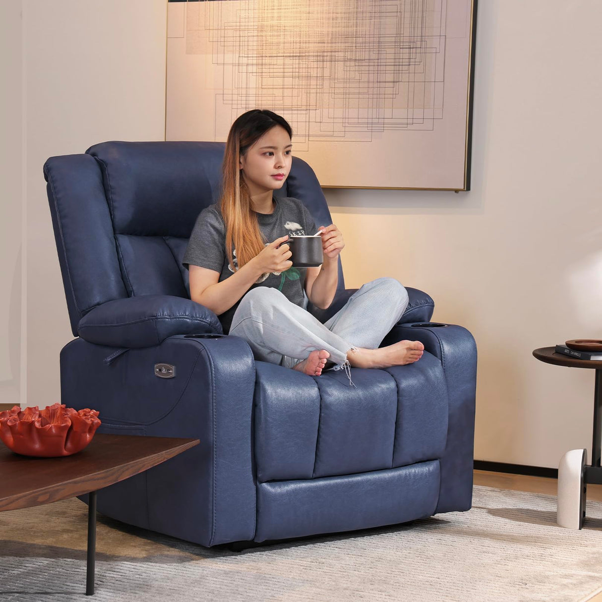 EONIX Dual Motor Oversized Power Lift Recliner Chair for Elderly, 400lbs Heavy Duty Faux Leather Recliner with Massage and Heat, Big and Tall Lay Flat Lift Chair with Cup Holders, SLRY006, Navy Blue EONIX