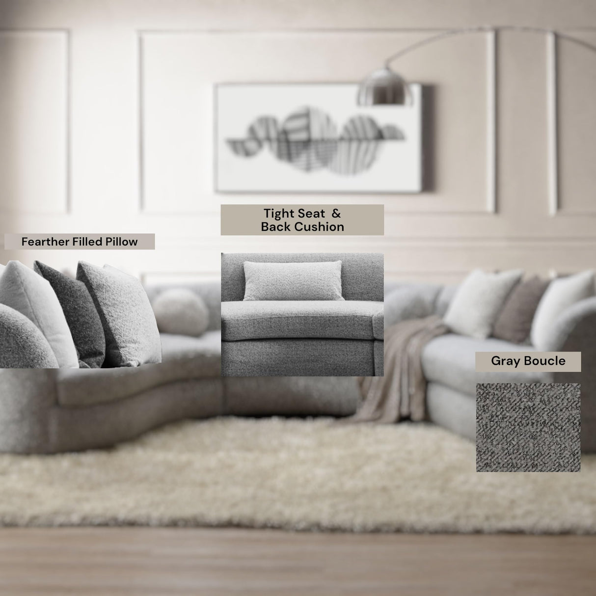 Acme Ivria Curved Sectional Sofa with 9 Pillows in Gray Acme