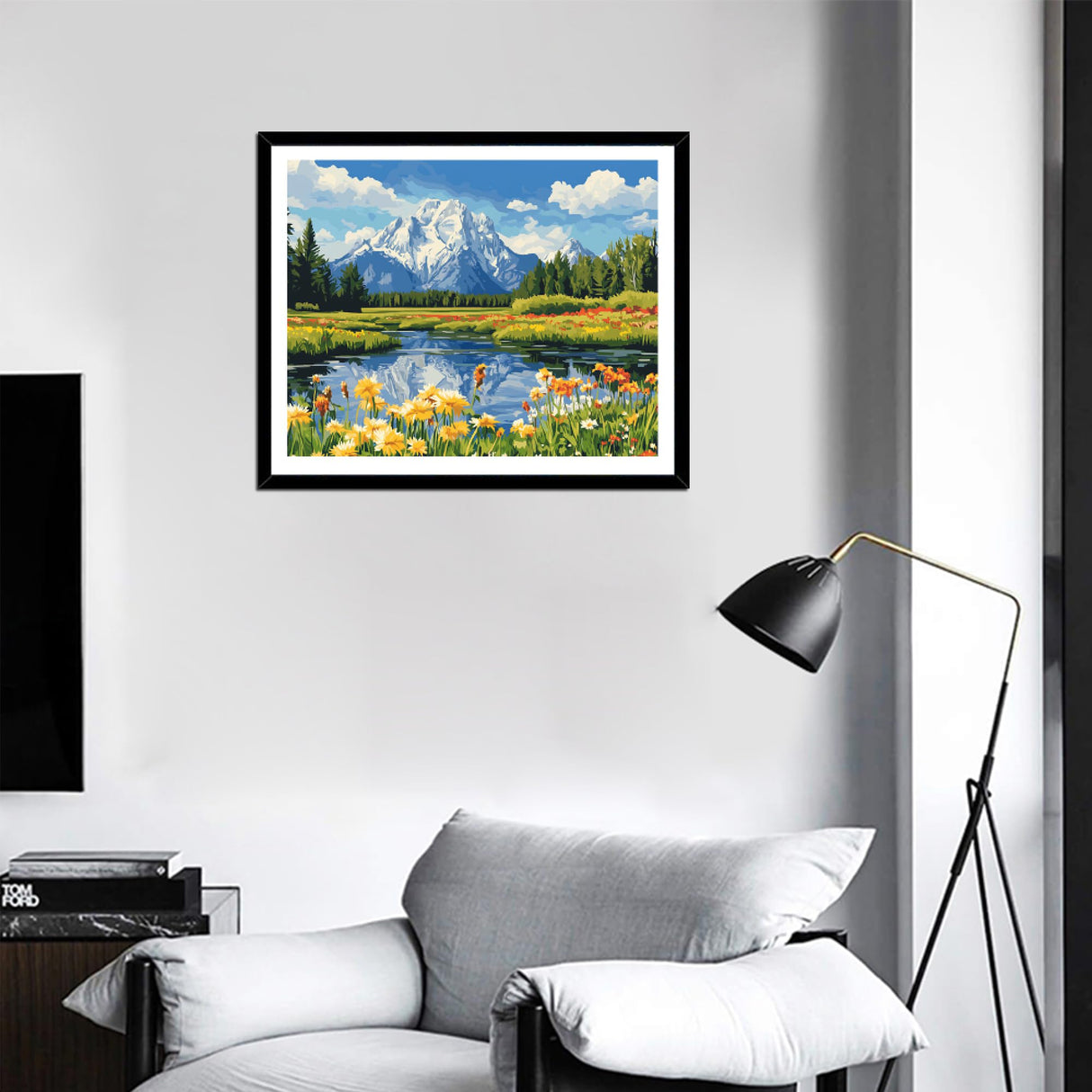 Grand Teton Paint by Numbers Kits, Snow Mountains Paint by Number for Adults, Lake Flower Scenery DIY Acrylic Painting for Home Decor Without Frame(16×20inch) ARNLRDYA