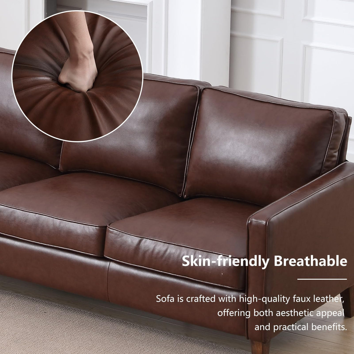 EBELLO 77” Mid Century Modern Sofa Couch, 3 Seater Faux Leather Couches for Living Room, Soft Padded Comfy Cushion, Small Sofa for Small Spaces, Bedroom, Apartment, Dark Brown EBELLO