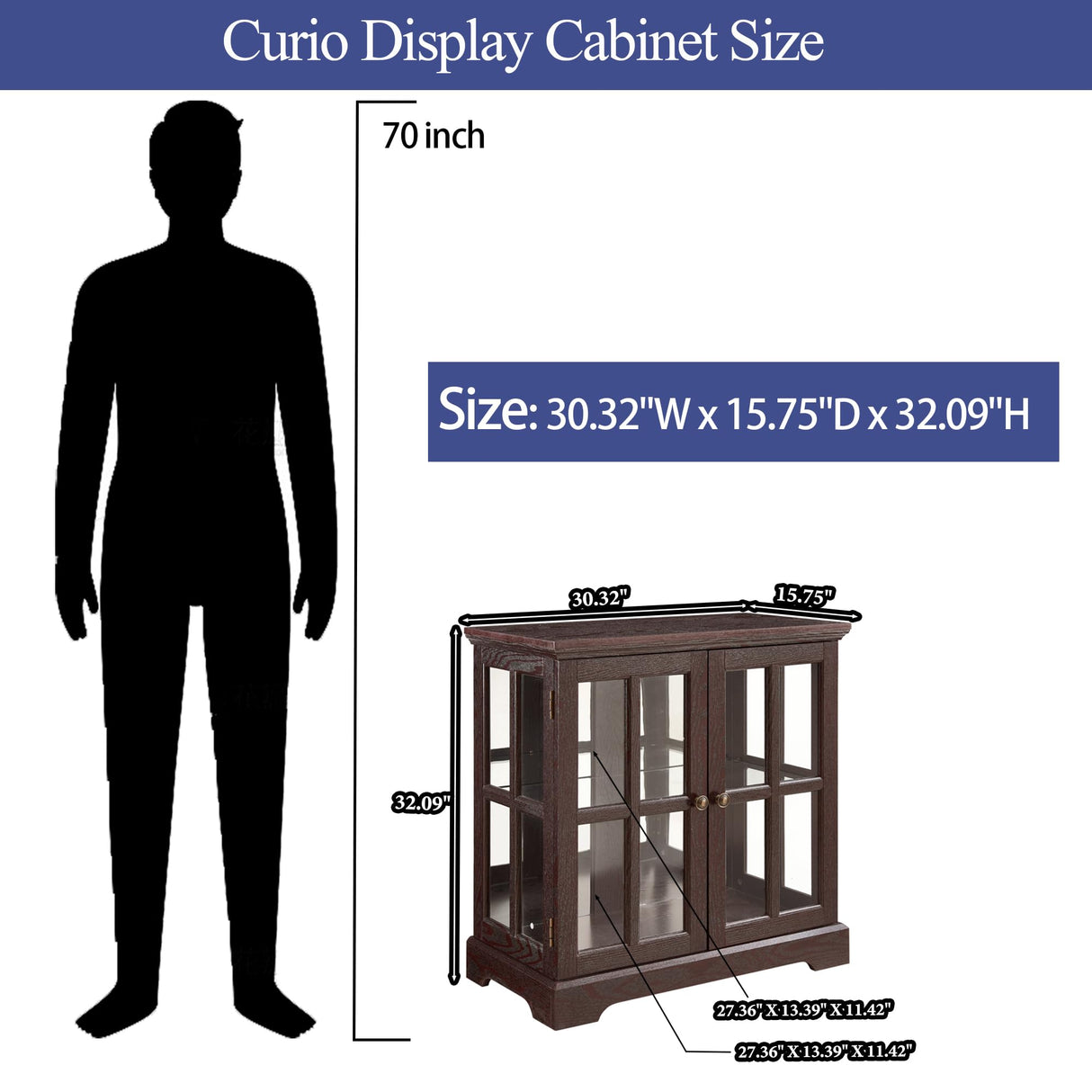 lunhung 2 Door Curio Display Cabinet with LED Light & Adjustable Shelves, 30" Tableware Display Sideboard w/Mirrored Back Pane, Modern Glass Display Storage Cabinet for Kitchen & Living Room (Cherry) lunhung