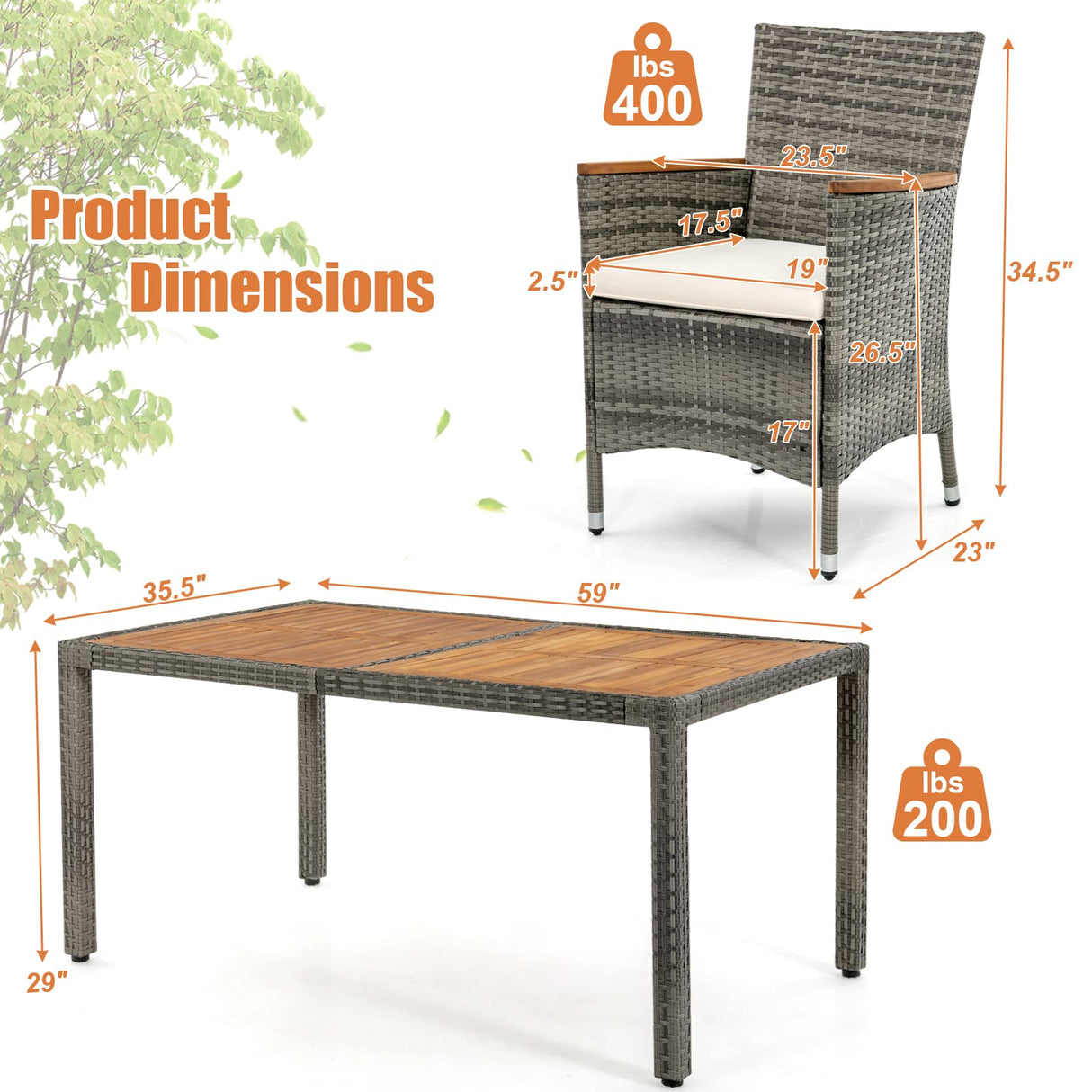 Toolsempire 7 Pieces Patio Dining Set Outdoor Dining Set, Wicker Patio Furniture Set with Acacia Wood Table and Chairs, Garden Dining Table Set for Backyard, Desk, Poolside, (Grey) Toolsempire