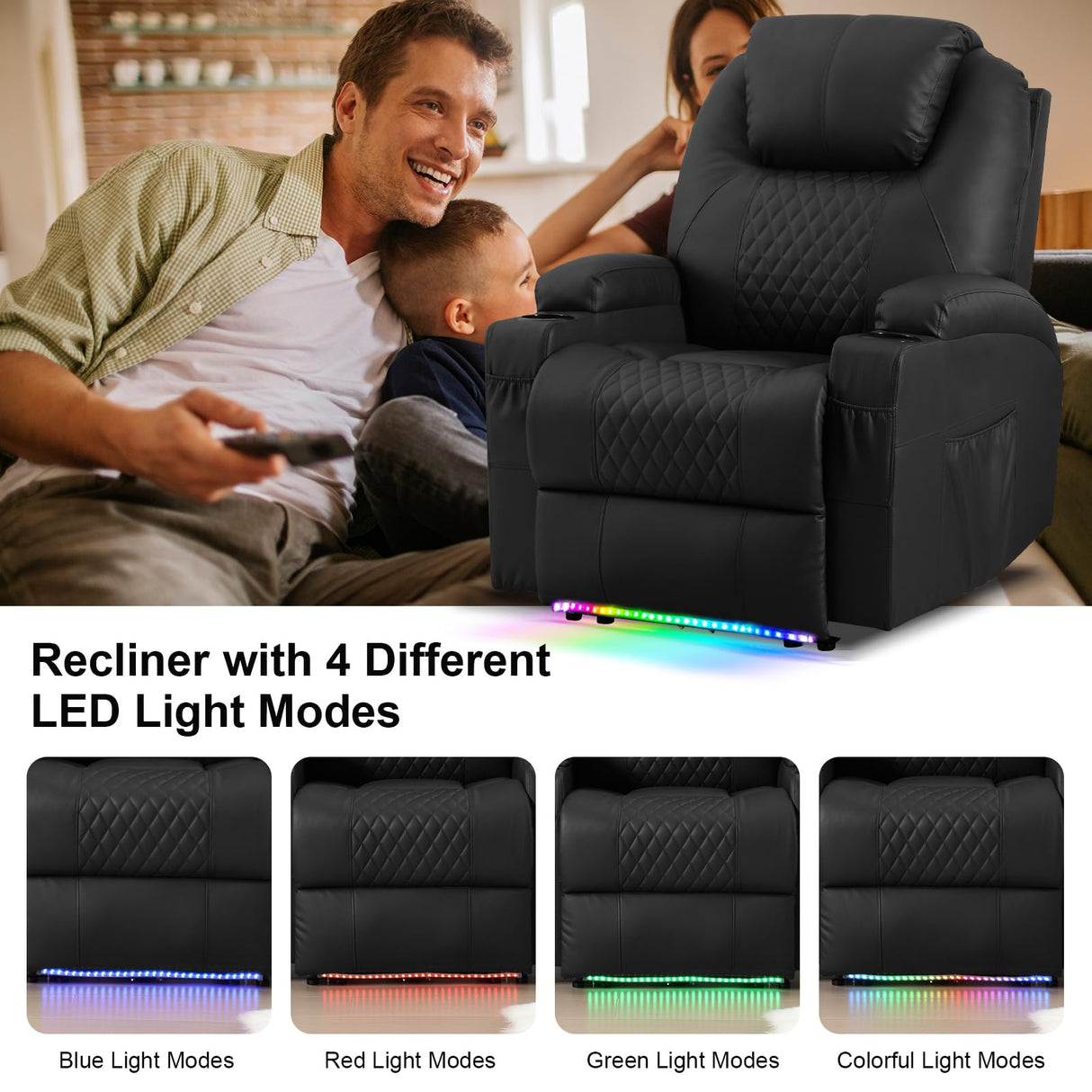 AHMED Power Recliner Chair with Vibration Massage & Heat for Adults, Faux Leather Home Theater Seating with Cup Holders/LED Lights/USB Ports/Side Pockets for Living Room, Black AHMED