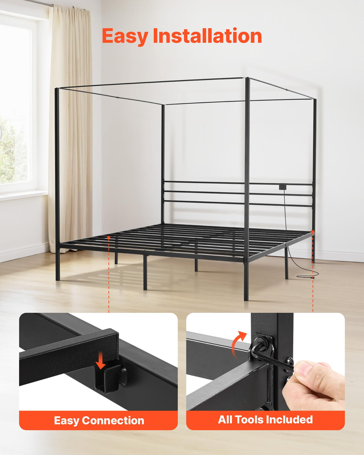 VEVOR Canopy Bed Frame King Size, Metal Canopy Bed with Charging Station and Four Posters Design, Heavy Duty Steel Slats Support, Underbed Storage Space, No Box Spring Needed, Easy Assembly, Black VEVOR