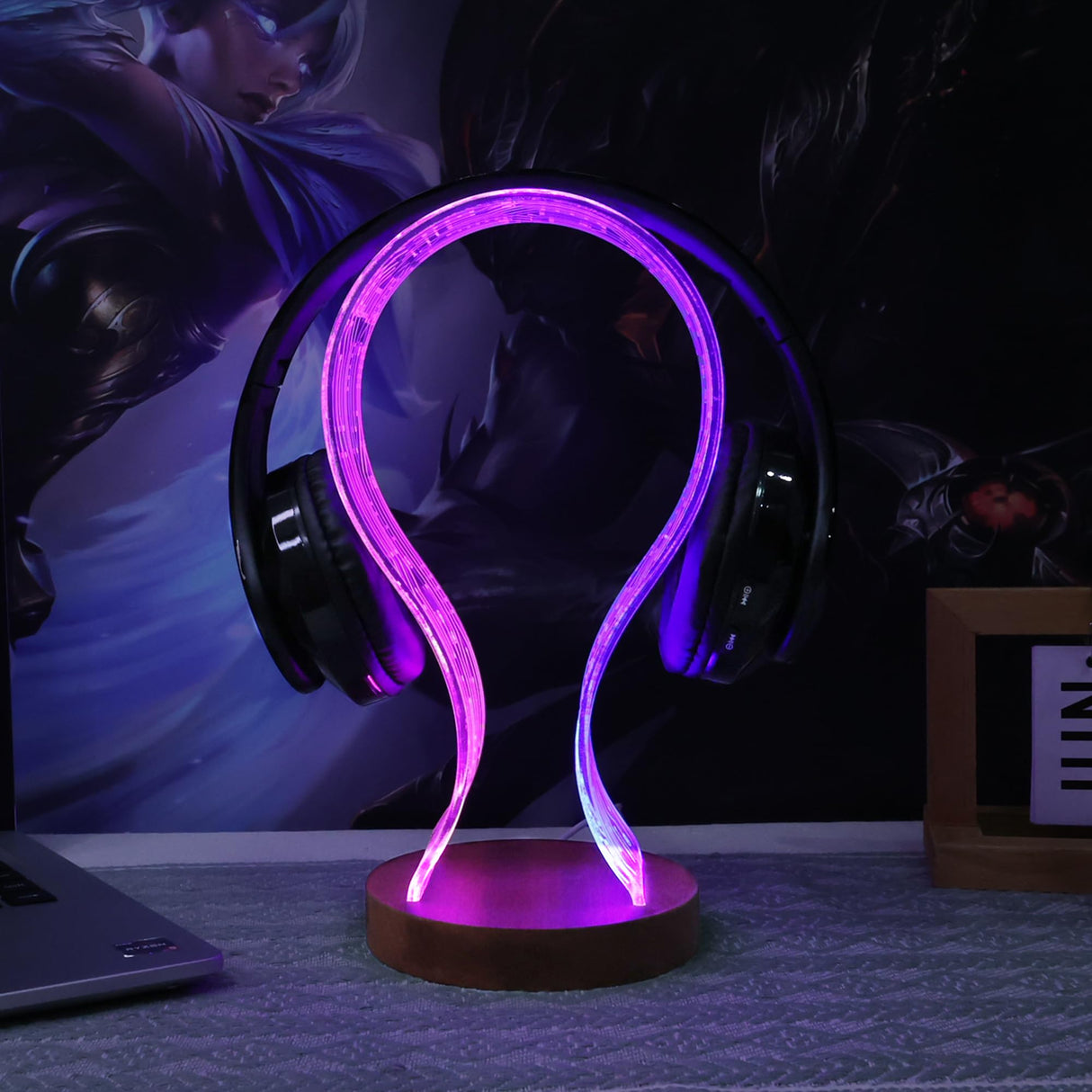 YuanDian Headphone Stand, Wood Headset Holder with Blue Pink LED Night Light for Gamers, Men, and Music Lovers - Ideal Desk Gift Idea YuanDian