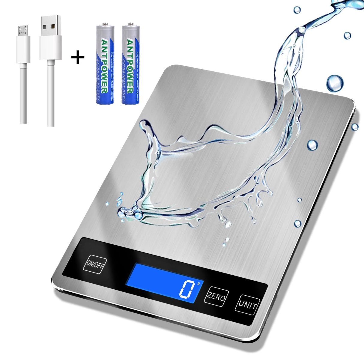 33lb Food Scale, Digital Kitchen Scale Batteries and USB Charging,1g/0.05oz Precise Graduation, Waterproof Stainless Steel with LCD Display Weight Grams and oz for Cooking Baking (Stainless Steel) Deweywei