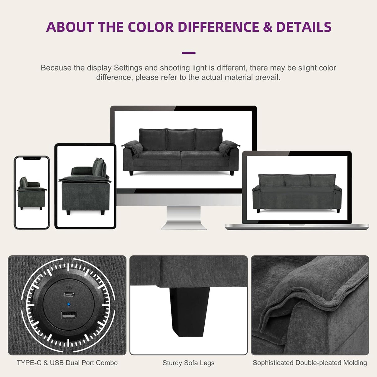 TYBOATLE Sofa Couches for Living Room, Mid-Century Modern Comfy 85" W Loveseat w/2 USB Charger & Wide Arms, 3 Seater Cloud Small Couch Sofas for Small Space Apartment Bedroom Office (Dark Grey) TYBOATLE