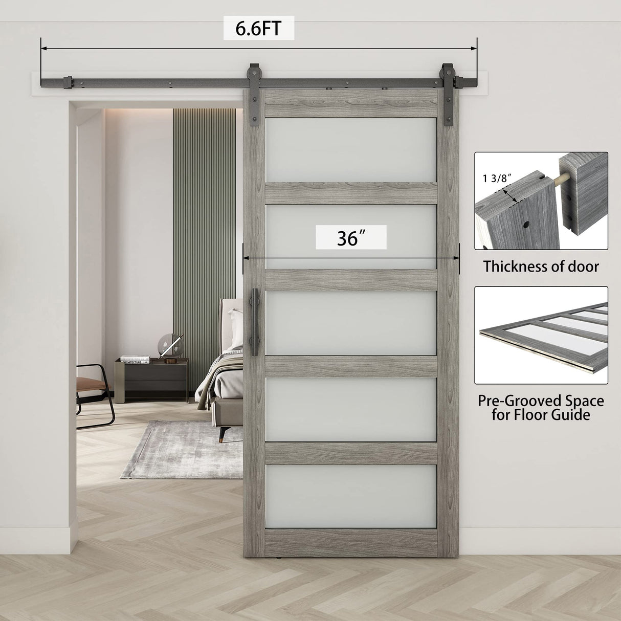 BARNSMITH 36in x 84in Glass Barn Door with 6.6FT Sliding Door Hardware Kit included & Handle,5-Panel Frosted Glass Solid Wood Slab with Water-Proof PVC Surface,Pre-Drilled Easy Assembly,Grey BARNSMITH