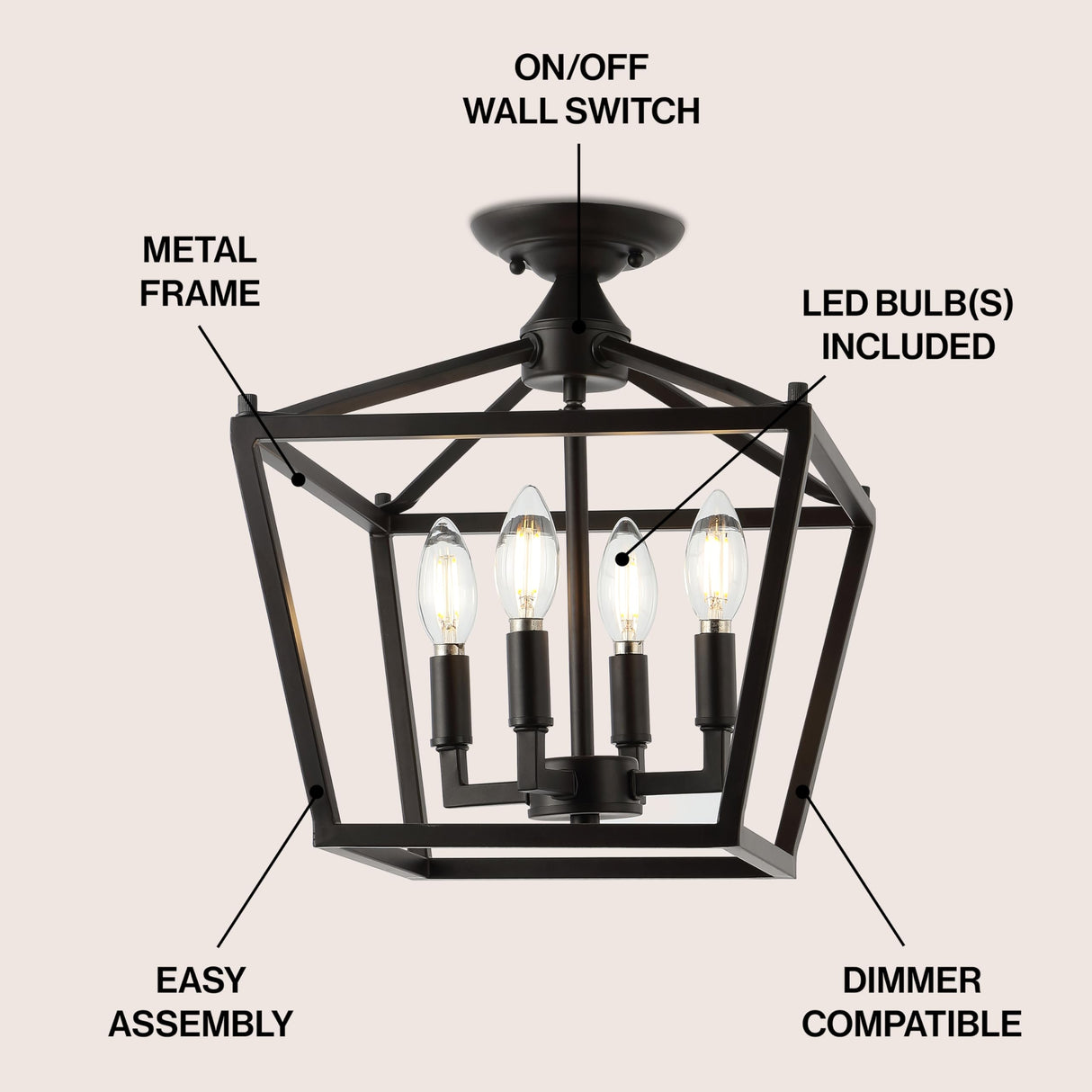 JONATHAN Y JYL7610A Plains Mini Lantern 12" 4-Light Iron Modern Farmhouse LED Flush Mount, Rustic, Industrial, Dimmable, 2700K Cozy Warm Light Kitchen, Hallway, Bathroom, Stairwell, Oil Rubbed Bronze JONATHAN Y