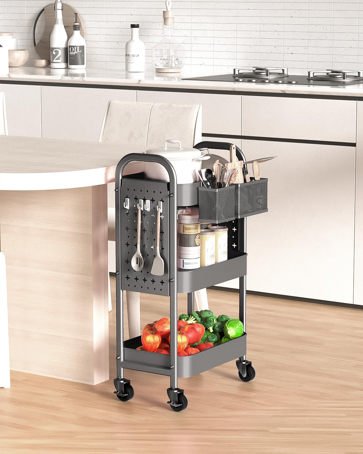 ALVOROG 3 Tier Rolling Cart with DIY Pegboards Metal Utility Cart with Wheels Handles Baskets Hooks, Storage Cart for Office Kitchen Bathroom(Gray) ALVOROG