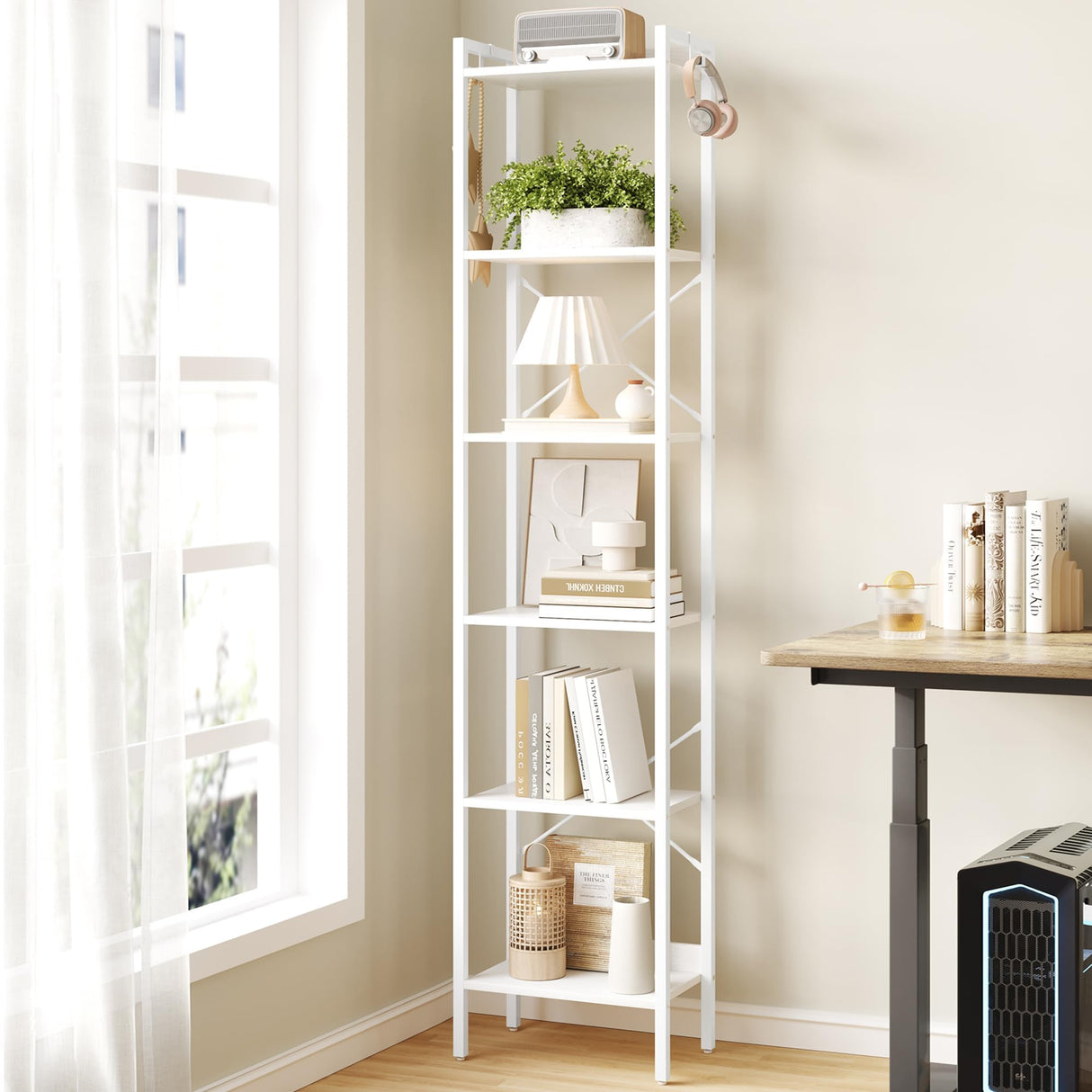 Hzuaneri Bookshelf, Book Shelf, Industrial Bookcase with 2 Hooks, Coner Shelf Storage Organizer for Home Office, Living Room, Bedroom, Kitchen, 6-Tier White BC10713W Hzuaneri