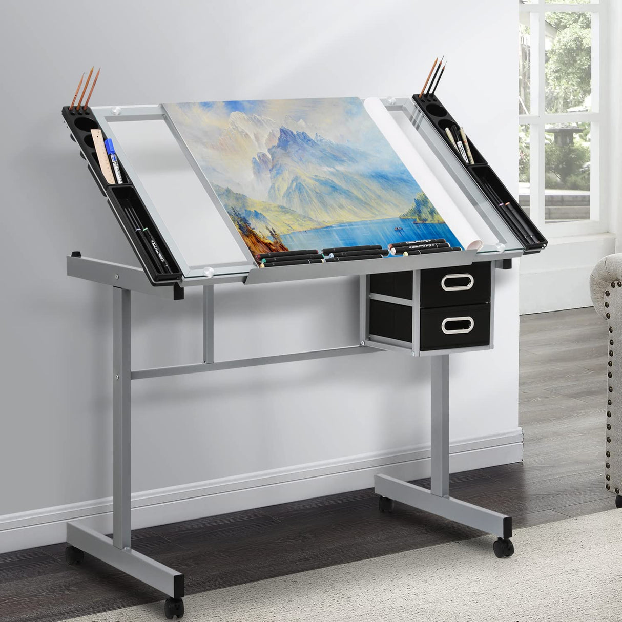 MoNiBloom Drafting Table on Wheels with Storage & Side Tray - Adjustable 0-65° Glass Tabletop, Replaceable Feet Art Desk MoNiBloom