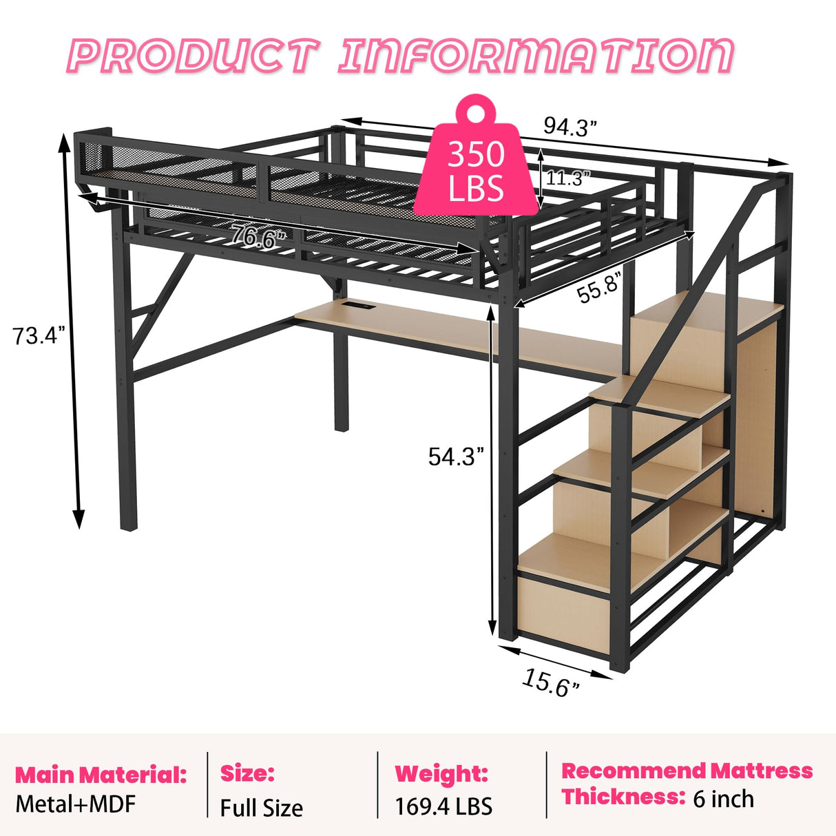Metal Loft Bed with Desk and RGB LED Lights, Full Size Loft Bed with Stairs and Charging Station,Kids Loft Beds with Storage Shelves for Upper and Wardrobe,Loft Beds Frame for Kids Teens, Black Duxelifin