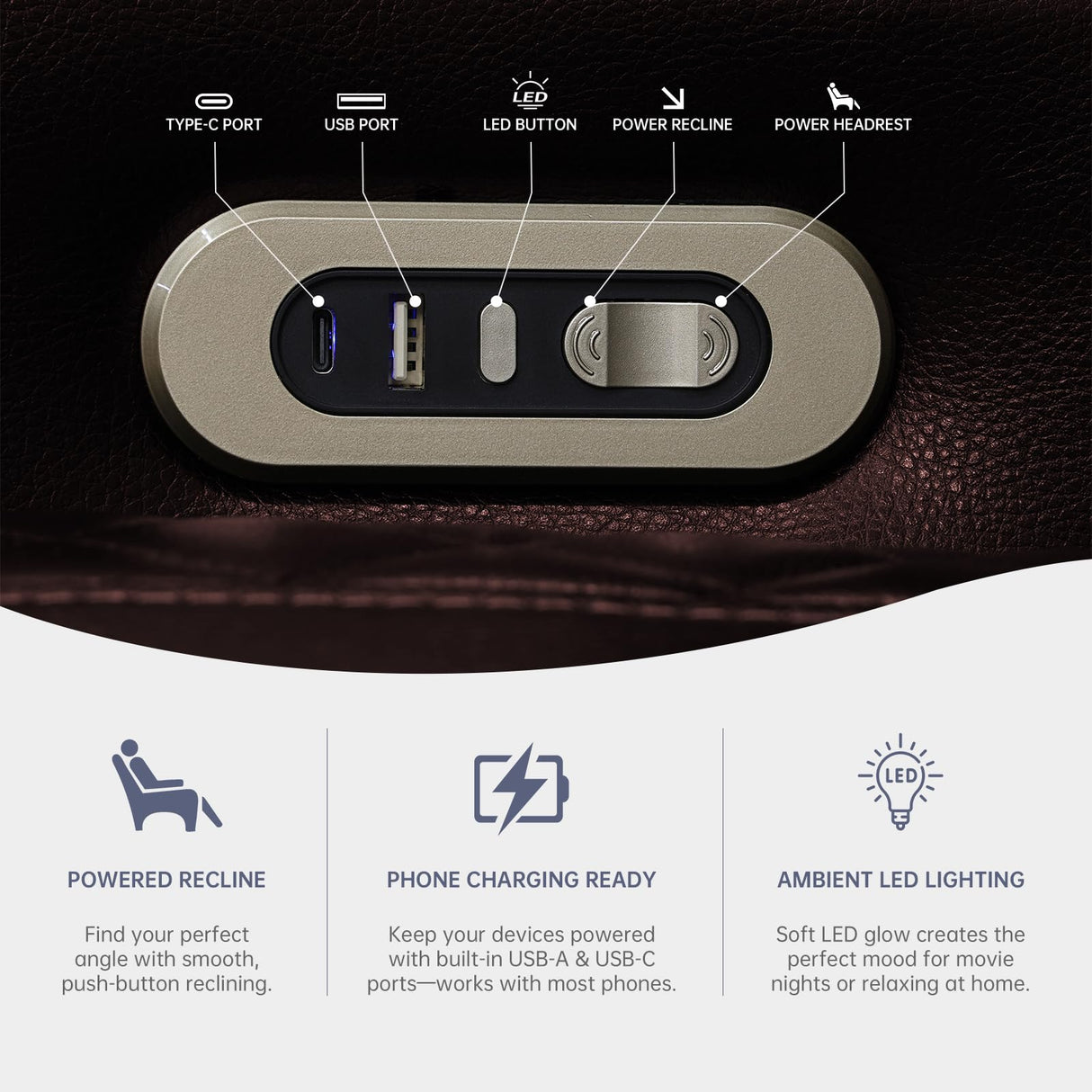 3+2+1 PU Leather Power Sectional Sofa Set, Living Room Furniture, Reclining Couch, Loveseat, Chair with LED Lights/USB Ports/Storage Console/Cup Holders/Wireless Chargers/Coffee Table for RV Theater NicBex