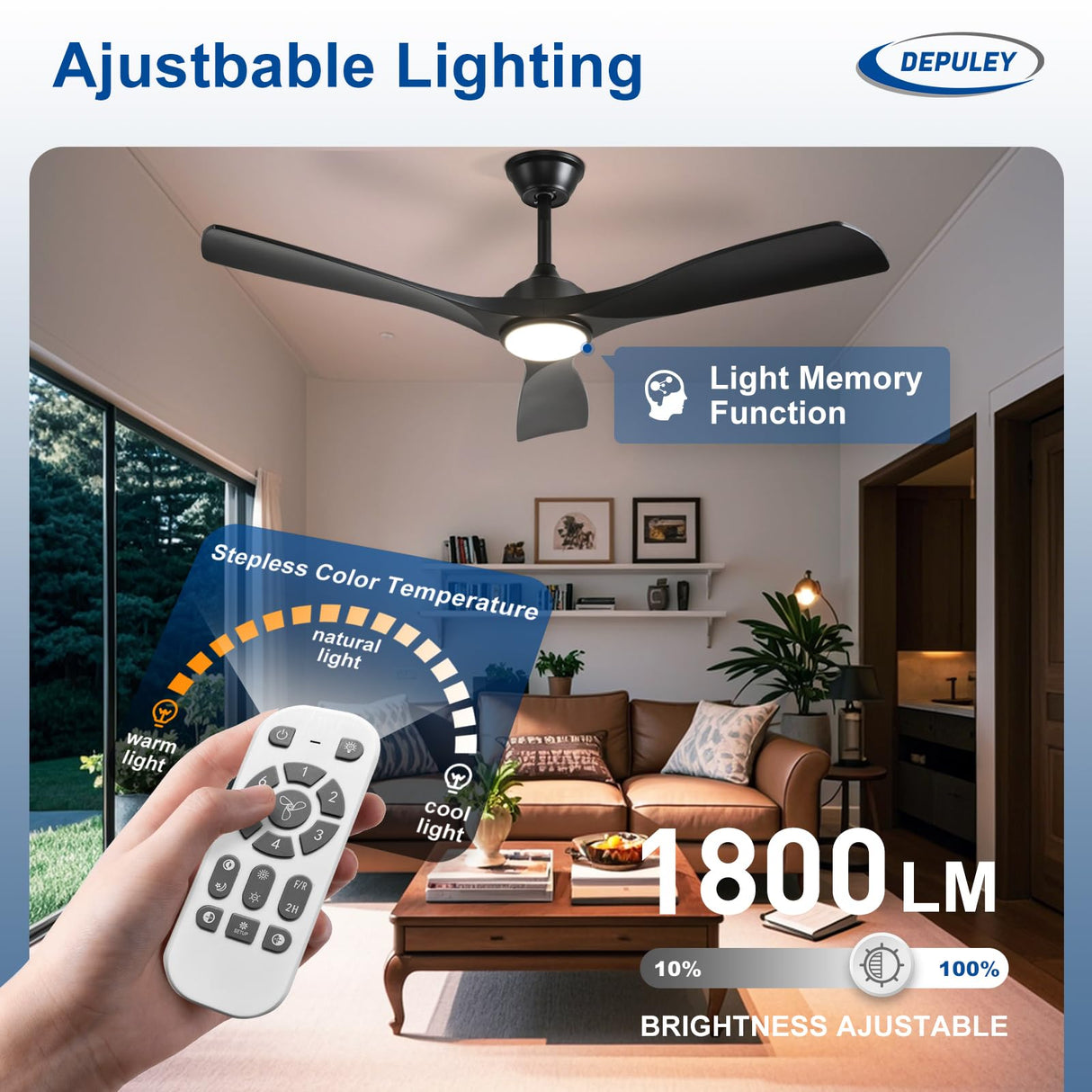 Depuley 52-Inch Ceiling Fan with Light: Black 3 Blade Outdoor Fans for Patios - Dimmable Indoor Fan with Remote APP Control Ultra Quiet DC Motor Reversible 6 Speed Timer Depuley