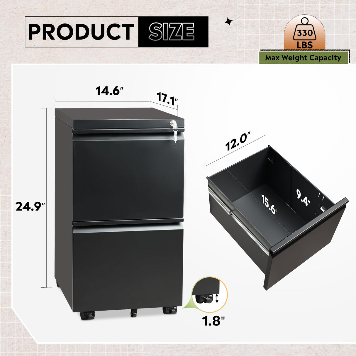 DEVAISE 2-Drawer Mobile File Cabinet with Lock, Vertical Filing Cabinet, Black DEVAISE