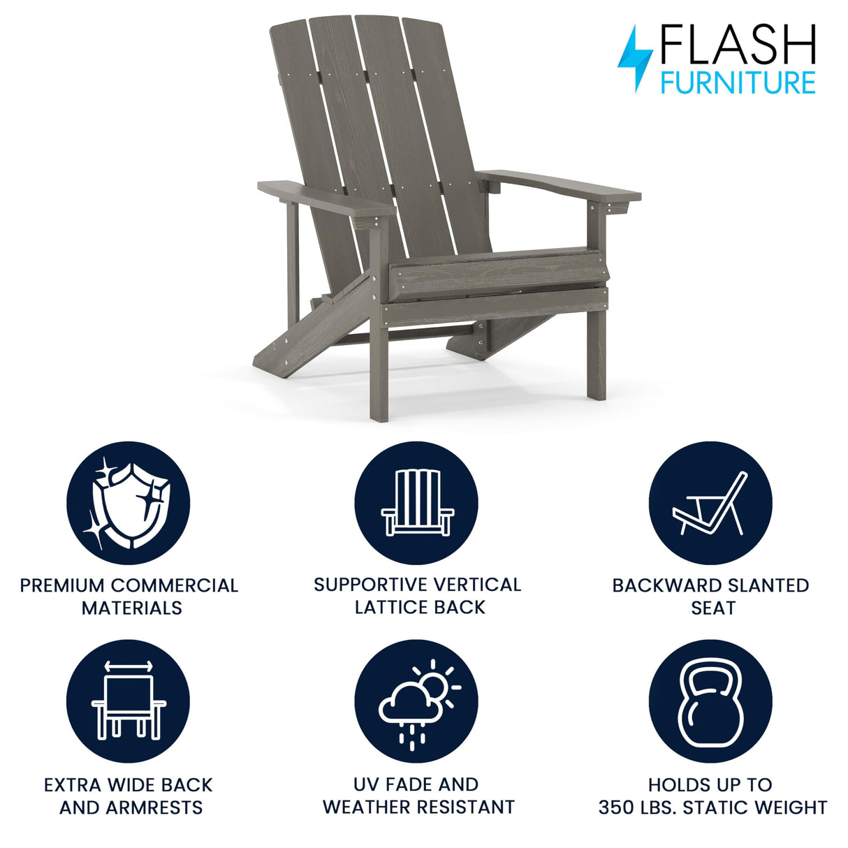 Flash Furniture Charlestown Indoor/Outdoor Faux Wood Adirondack Chair, Weather-Resistant Polyresin Patio Adirondack Chair with 350-lb. Static Weight Capacity, Gray Flash Furniture