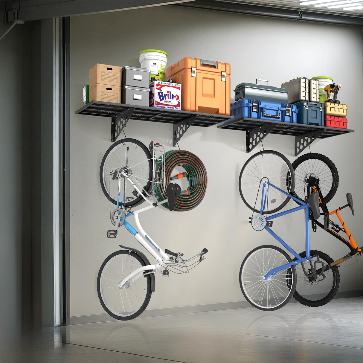 4 Pack 1,5x4ft Heavy Duty Garage Wall Shelving, Garage Shelving Wall Mounted, Storage Rack with Hooks (Black) BTRAM