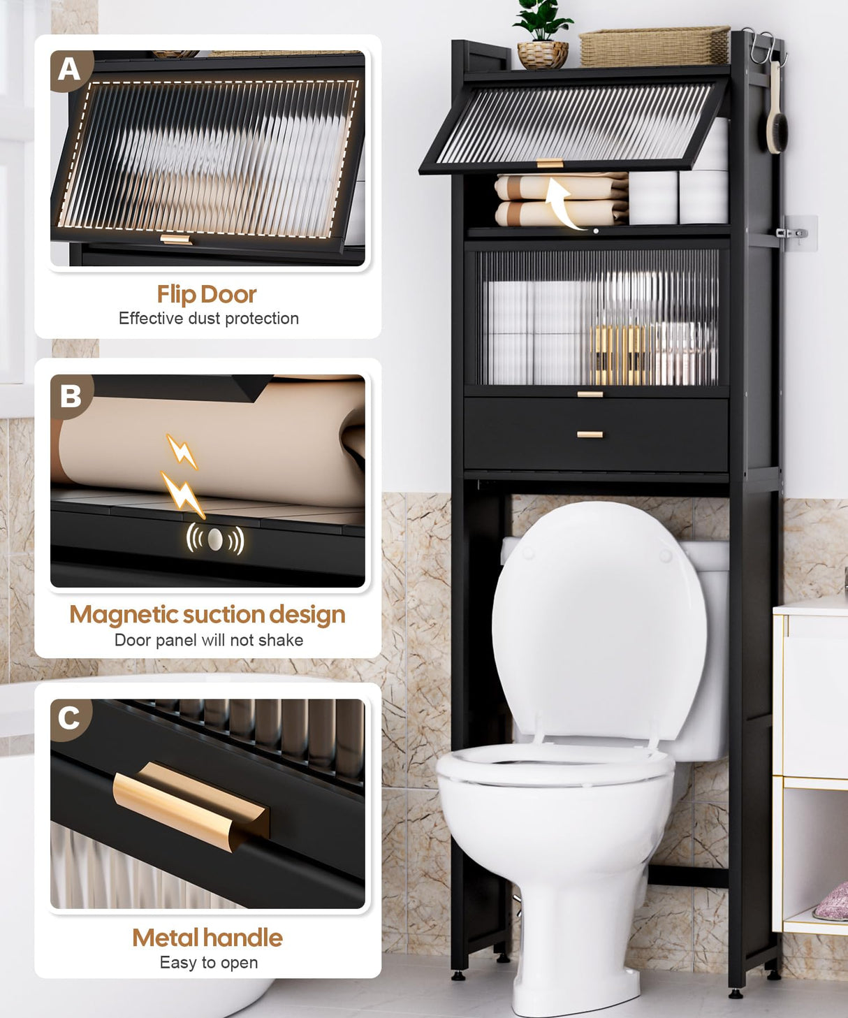 Cozivolife Over The Toilet Storage Cabinet with Drawer and Flip Door, Bamboo Bathroom Organizer Shelf with Anti-Tip Design and Waterproof Feet Pad,Freestanding Rack Above WC Space Saver (Black) Cozivolife