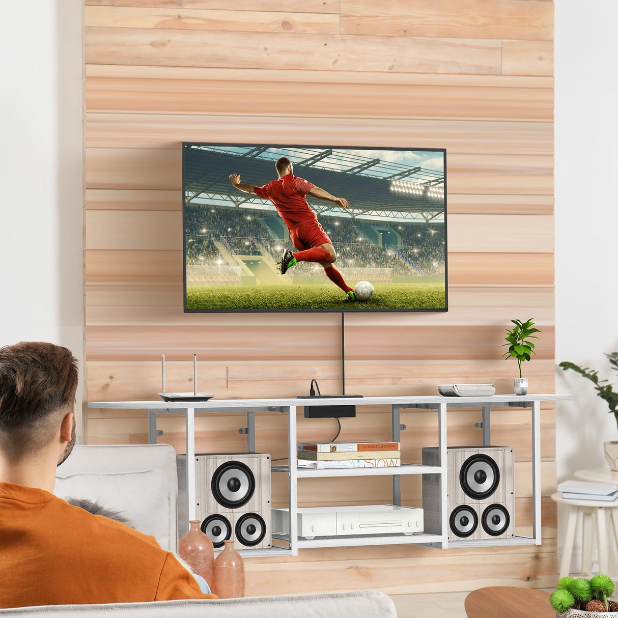 Floating TV Stand with Power Outlet for 50 60 Inches TV,Wall Mounted Media Console with Open Storage Shelves,Modern Entertainment Center for Living Room,Bedroom(White) Fogein