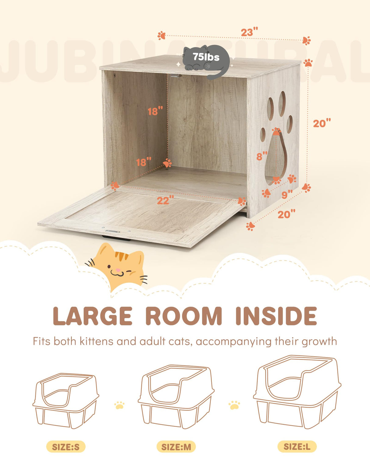 JubiNatural Cat Litter Box Enclosure, Indoor Hidden Cat Litter Box Furniture, Simple Classic Sliding Door Style Cat Litter Box Cabinet for Convenient Entry, Use As Side Table or Nightstand JubiNatural