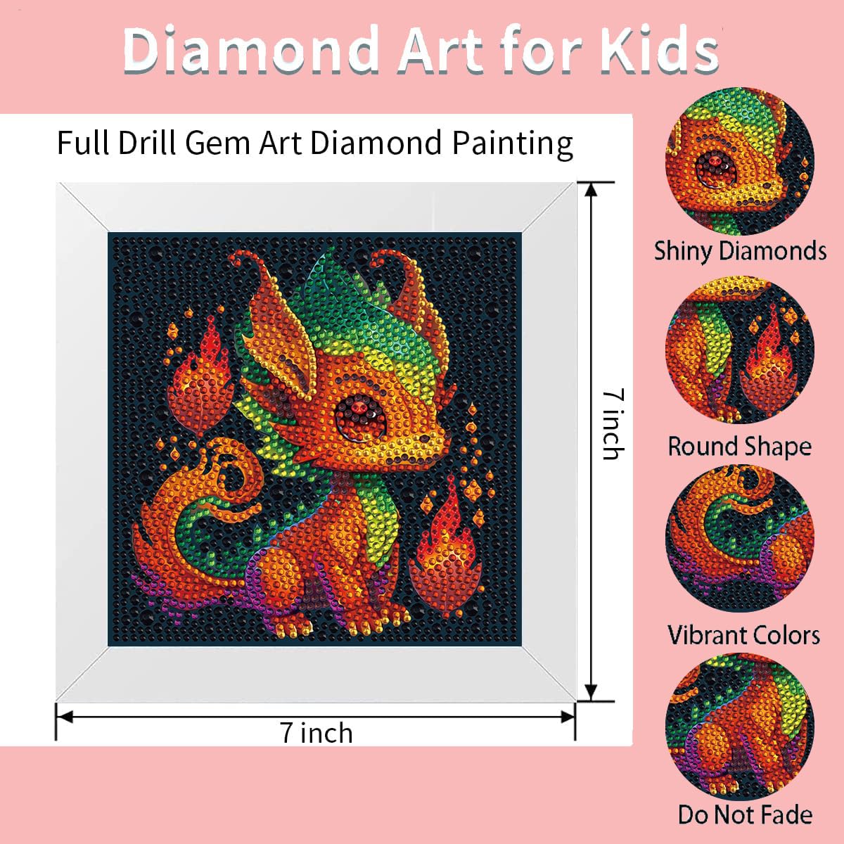 Meothan 5D Diamond Painting Kit for Kids with Wooden Frame Easy Small Dragon Diamond Painting, DIY Dragon Big Gem Painting Set Paint by Diamonds Crafts for Girls Boys Ages 4-12 7x7 in Meothan