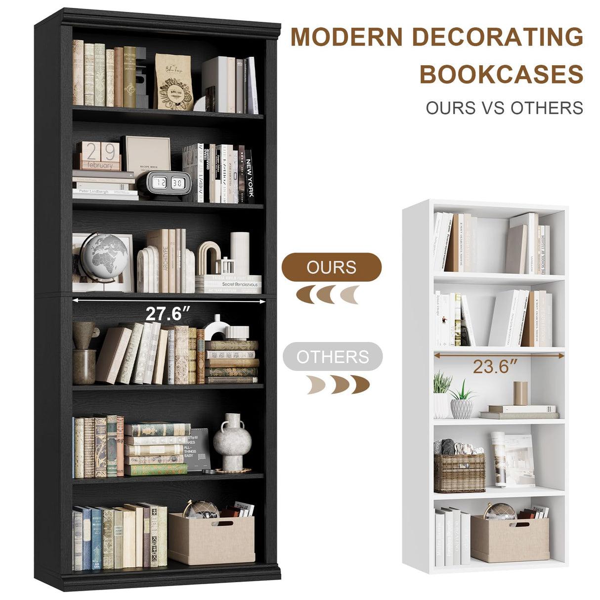 Rresyet Bookcase and Bookshelves, 28" W Tall Bookshelf with Elegant Design, 6 Tiers Spacious Book Storage, Freestanding Book Organizer, Display Library Shelf for Home Office, Living Room & Study Room Rresyet