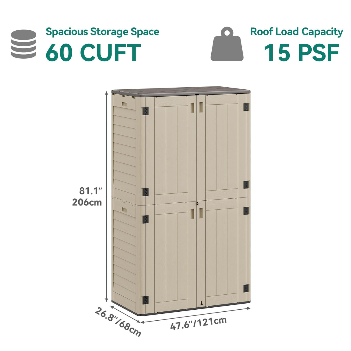 YITAHOME 60 cuft Vertical Outdoor Storage Shed w/o Shelf, Large Waterproof Storage Cabinet for Garden Shed, Tall Outdoor Storage Shed for Garage, Pool Storage, Resin, Lockable, Khaki & Brown YITAHOME
