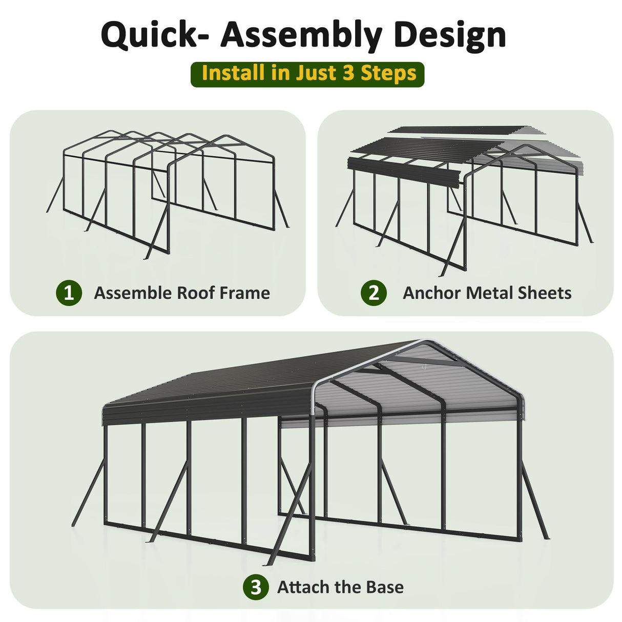 DAUSOLA Carport 12x20 FT Heavy Duty Carports Canopy with Updated Frame Structure Galvanized Steel Roof and Enhanced Base, Metal Carport Garage for Pickup, Boat, Car and Tractors DAUSOLA