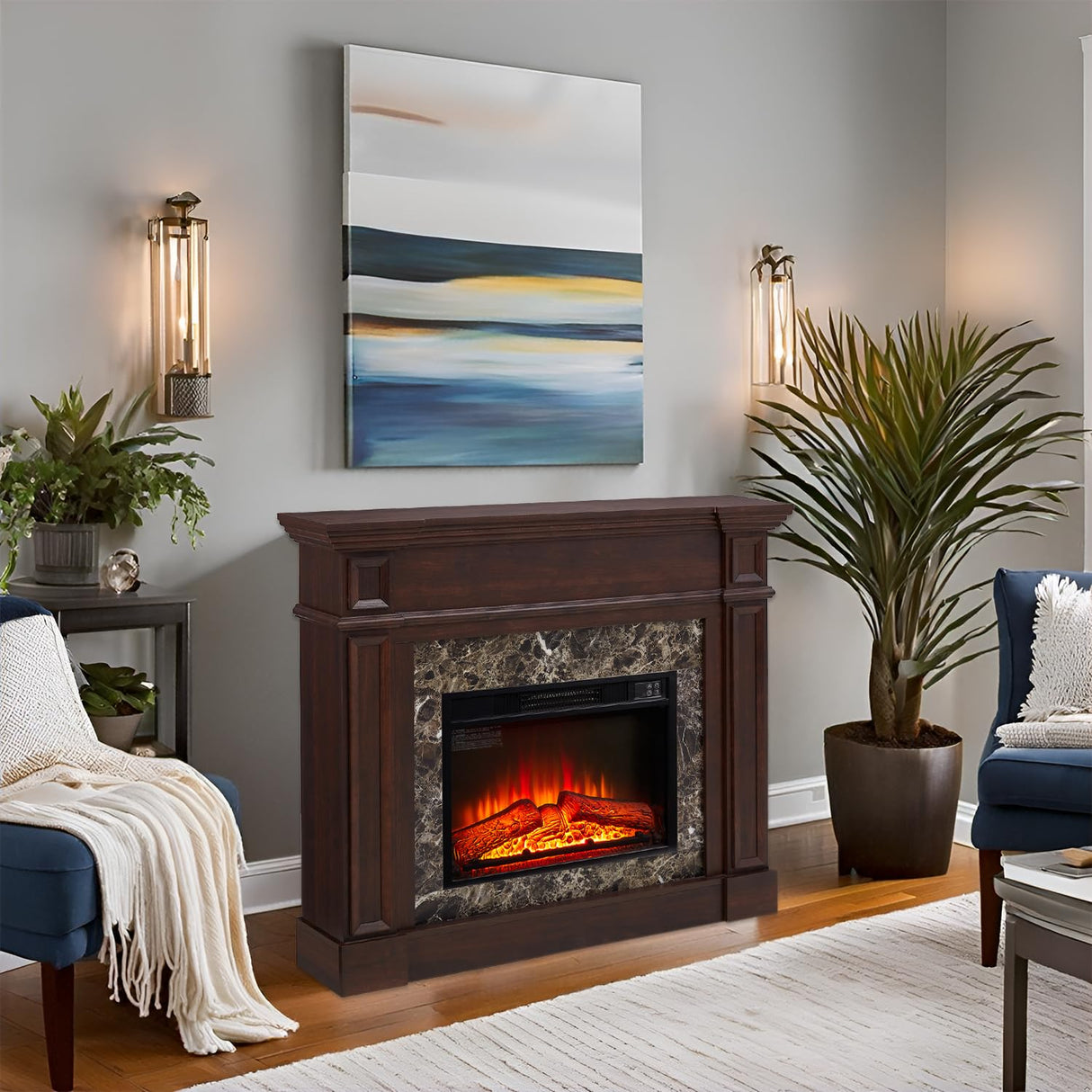 46" Large Electric Fireplace with Mantel, 40" H Tall Fireplace TV Stand, Freestanding Electric Fireplace Heater with Adjustable Flame, Remote Control Fire Place Mantel for Living Room (Walnut) PUTESTEVE