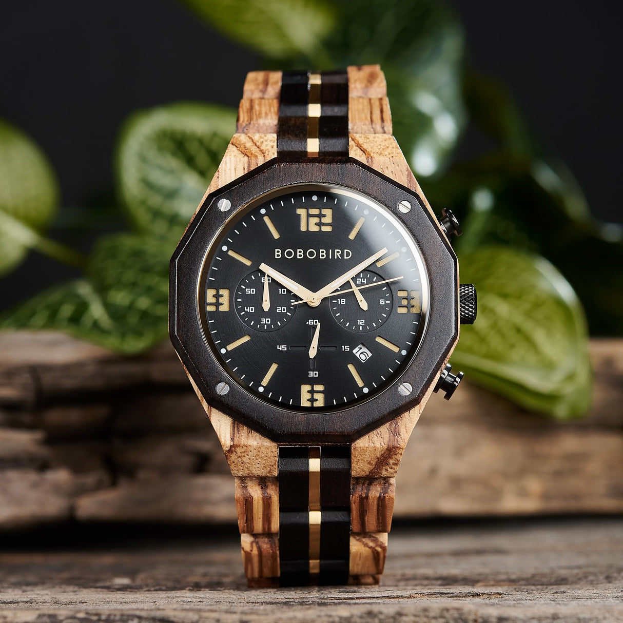 BOBO BIRD Men's Wooden Watch Sport Fashion Wristwatch Casual Chronograph Quartz Watches Men's Wood Stainless Steel Strap Watch with Date Display (Black) BOBO BIRD