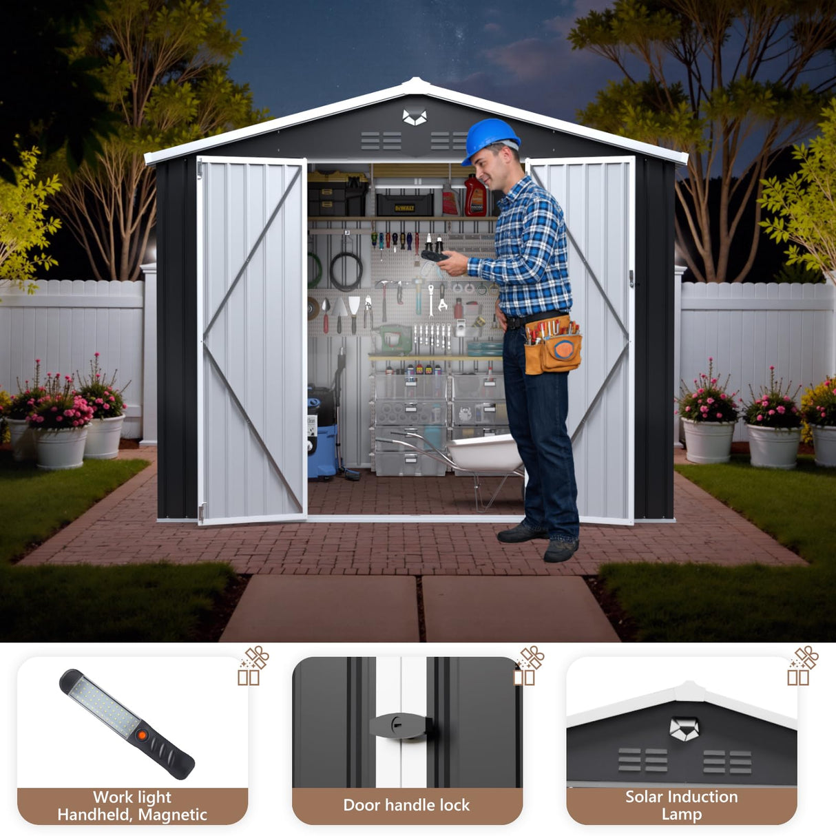 10x8 FT Outdoor Storage Shed, Metal Garden Shed - Tool Storage Sheds with Lockable Doors, Waterproof Outside Storage Building for Backyard, Patio (Black; Floor Not Included) Benass