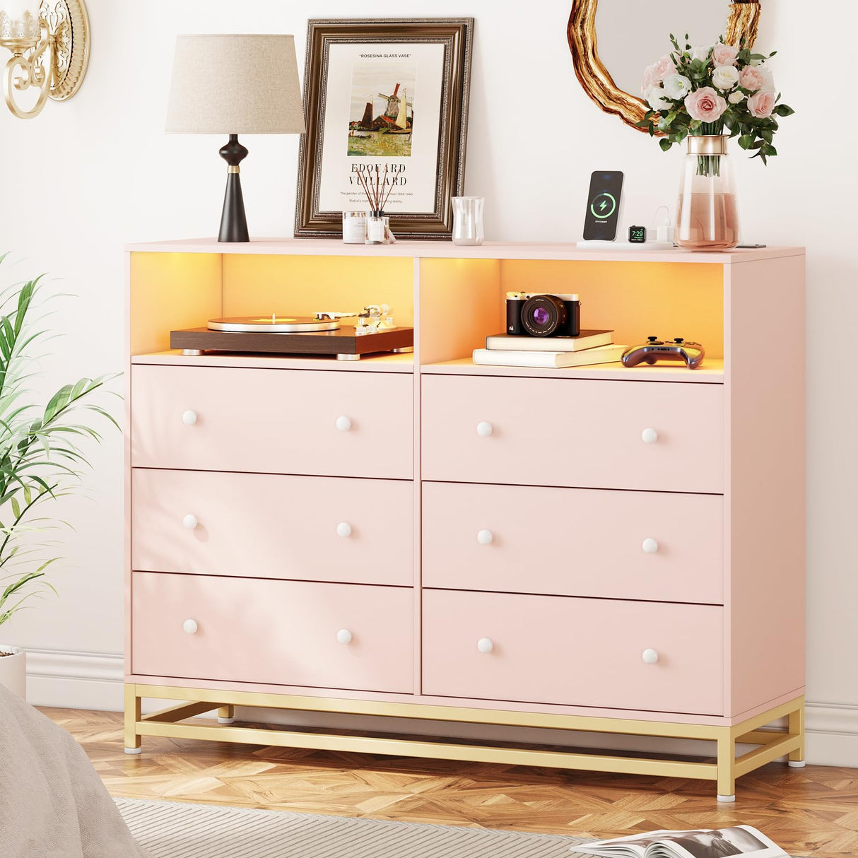 Pink Dresser for Bedroom, Wooden Modern 6 Drawers Long Dresser with Charging Station and Led Lights Design, Large Capacity Storage Chest of Drawers, Wide Drawers for Living Room, Hallway Garveehome